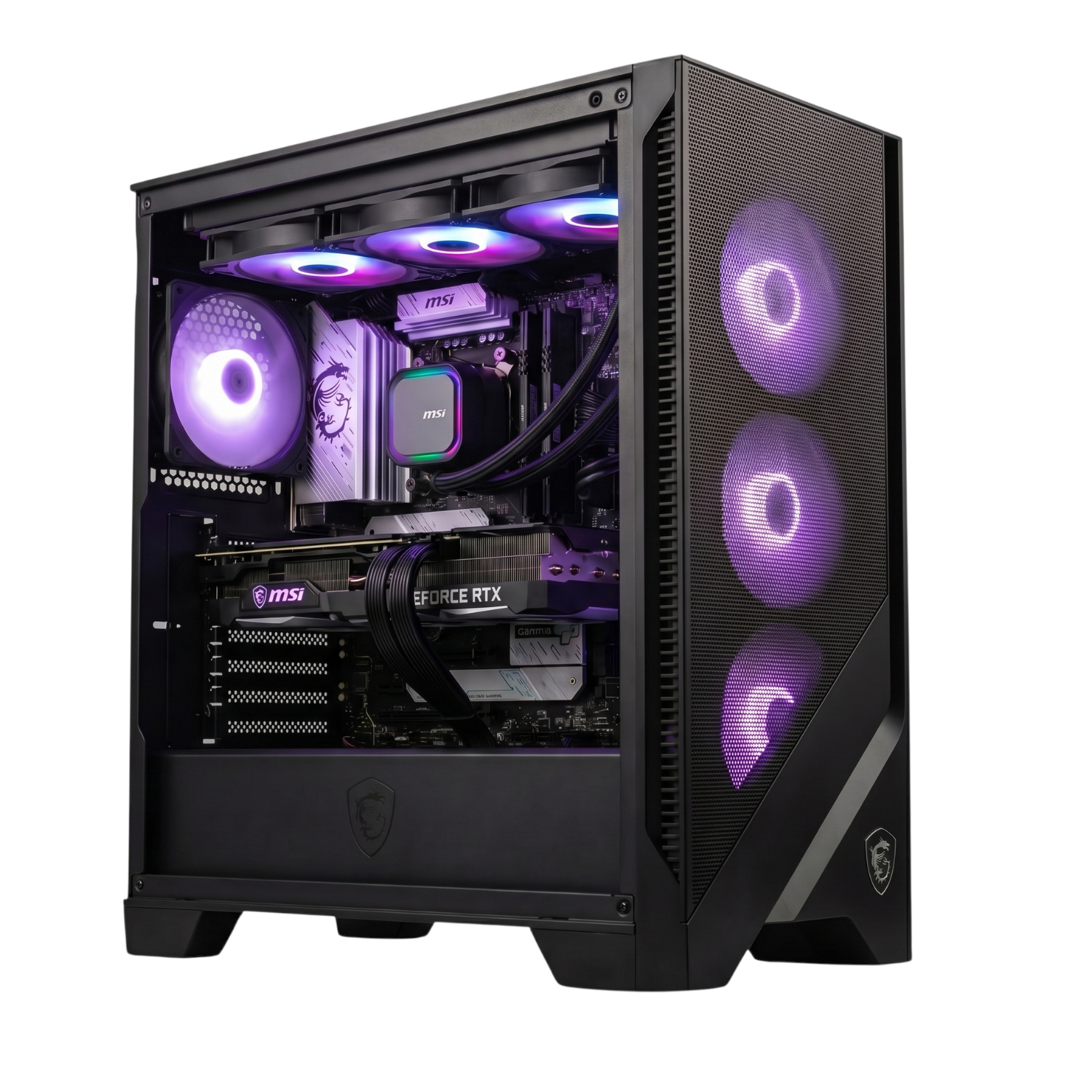 Una caja de PC gaming negra con ventiladores RGB morados y componentes internos visibles.