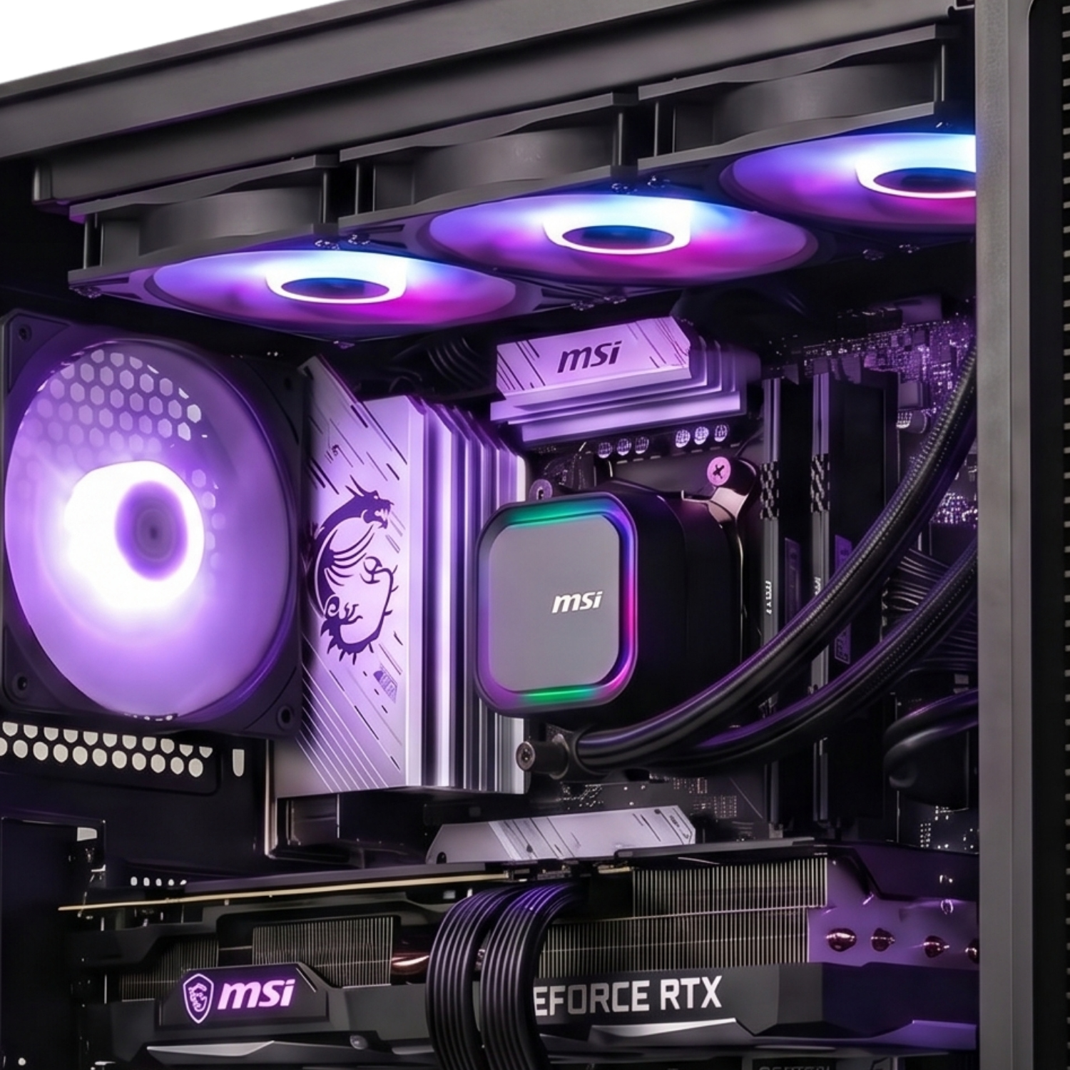 Un PC gaming con iluminación RGB, ventiladores, refrigerador CPU y tarjeta gráfica.