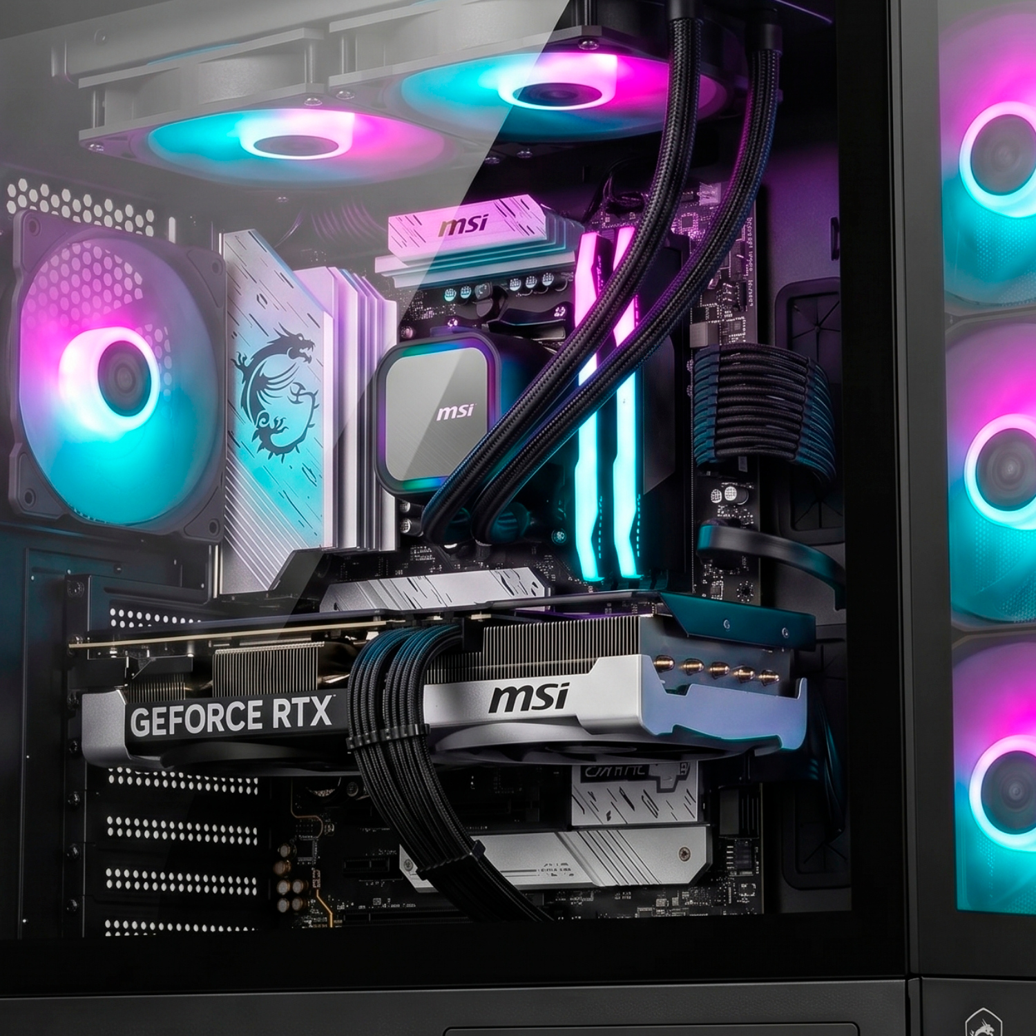 Dentro de una caja de PC: GPU, disipador de CPU, ventiladores con luces RGB.