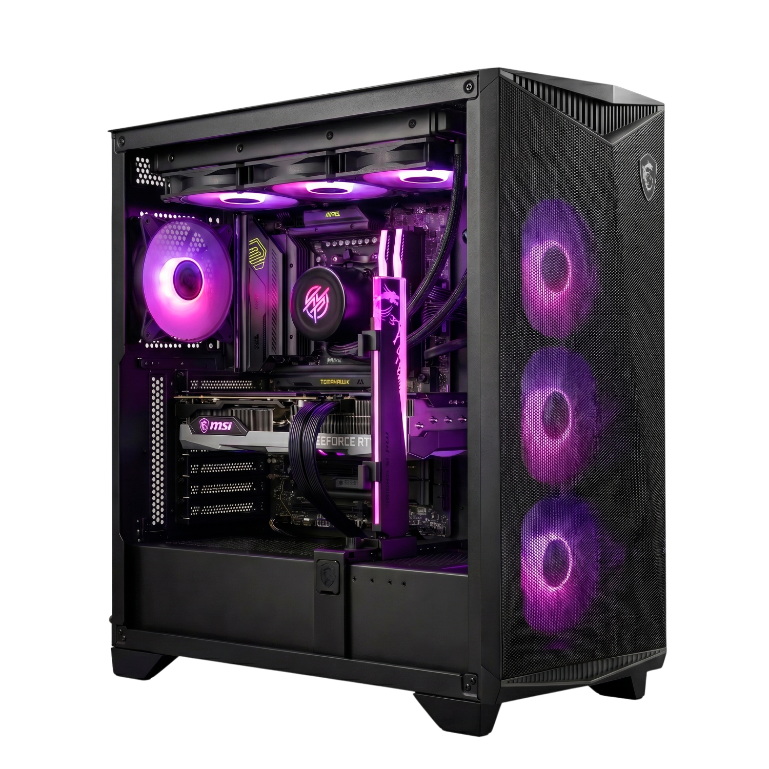 Caja de PC negra con ventiladores RGB morados y componentes.
