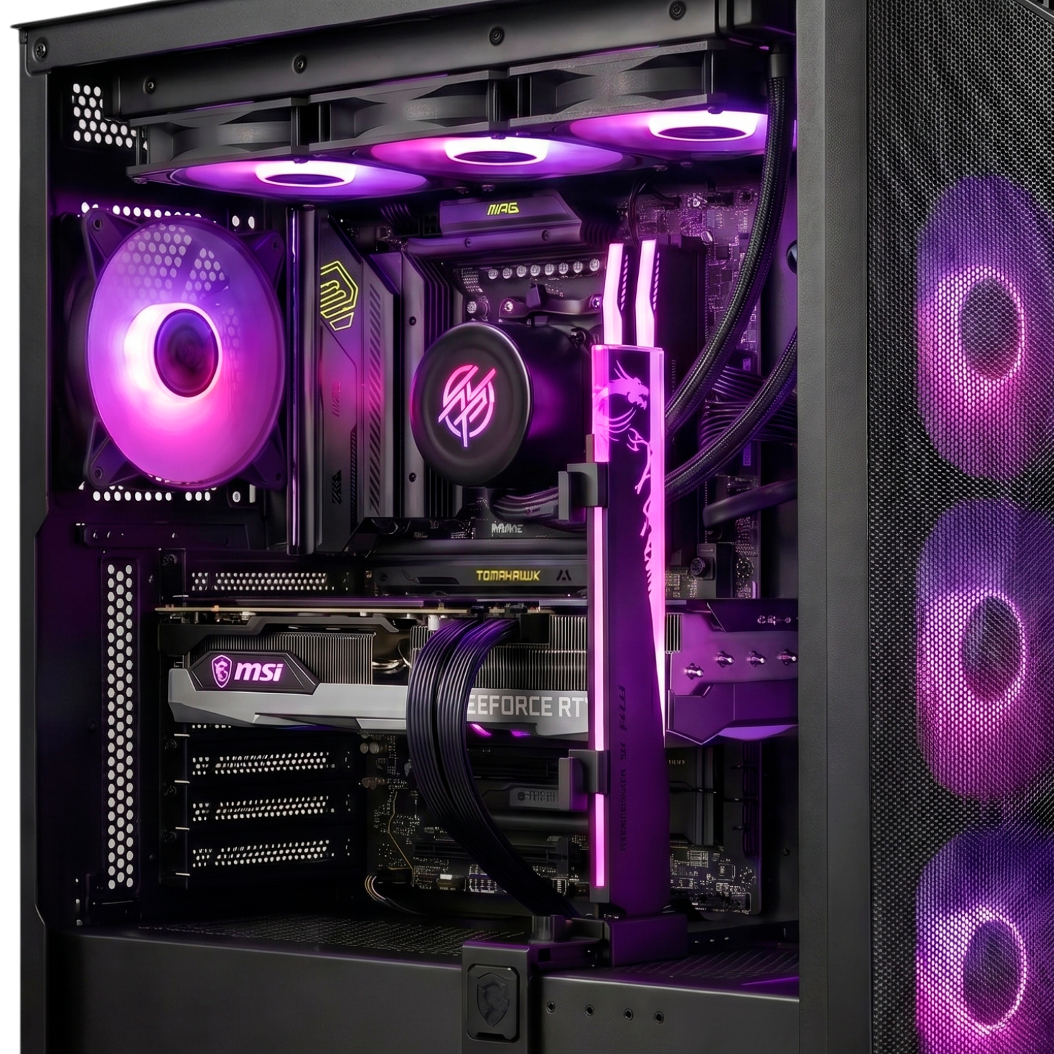 Un PC gaming con luces, ventiladores y componentes púrpuras.
