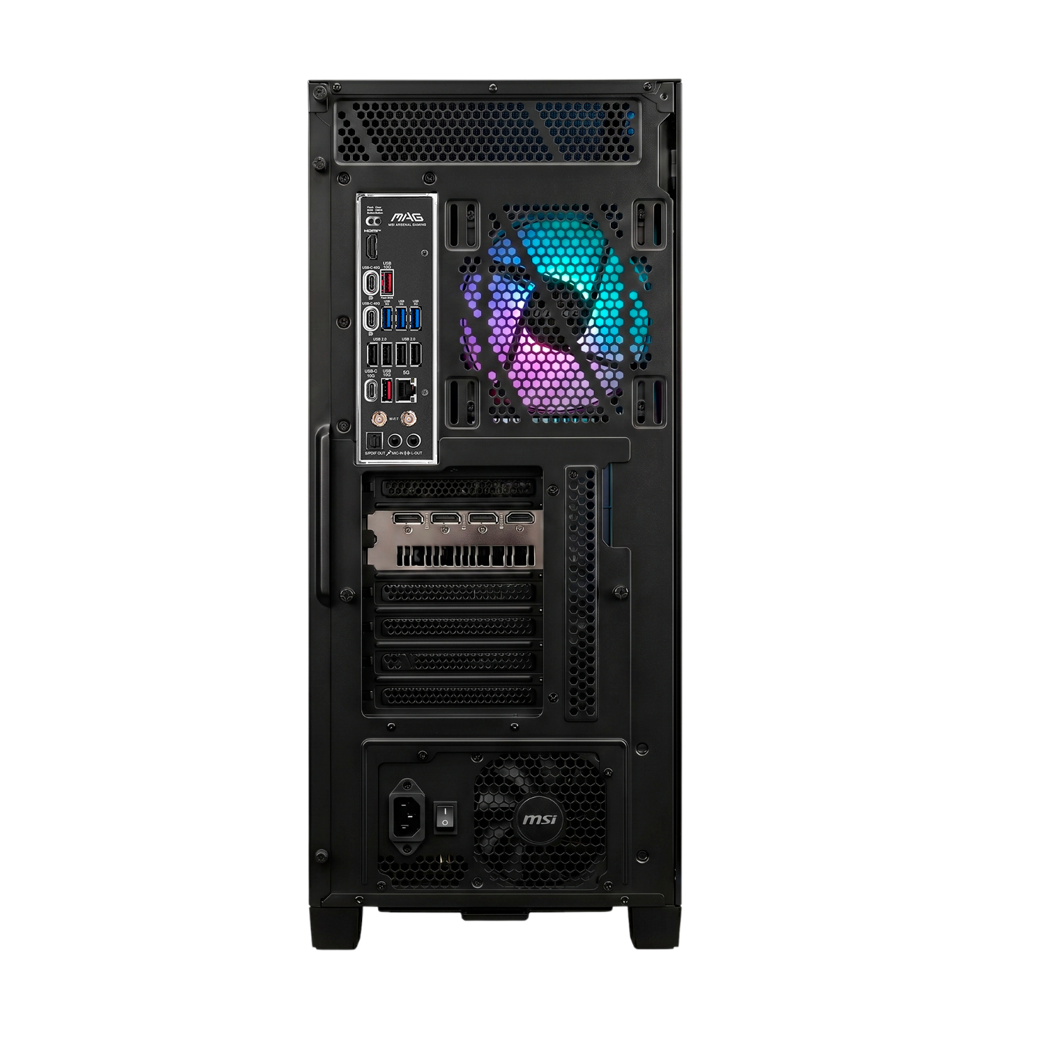 Parte trasera de un PC negro con muchos puertos y un ventilador colorido.