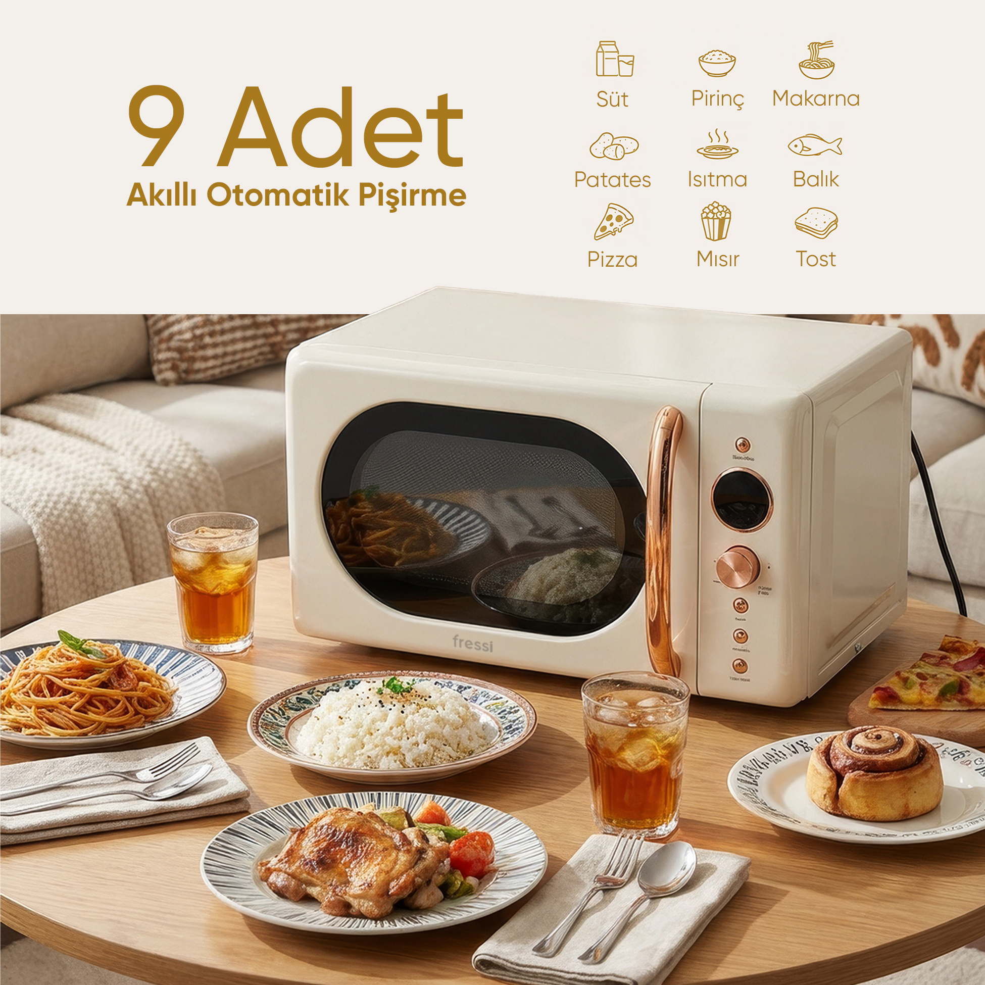 Ahşap masada yemekler bulunan retro mikrodalga fırın. 9 pişirme programı.