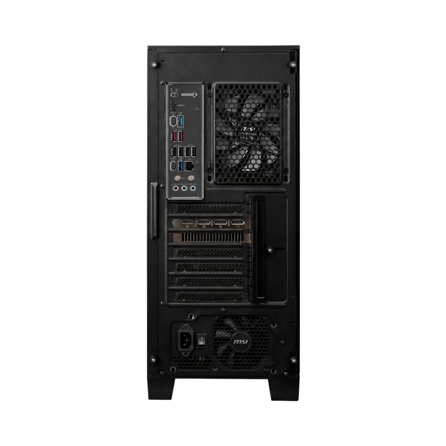Parte trasera de una torre de computadora negra con varios puertos, ventiladores y logo MSI.