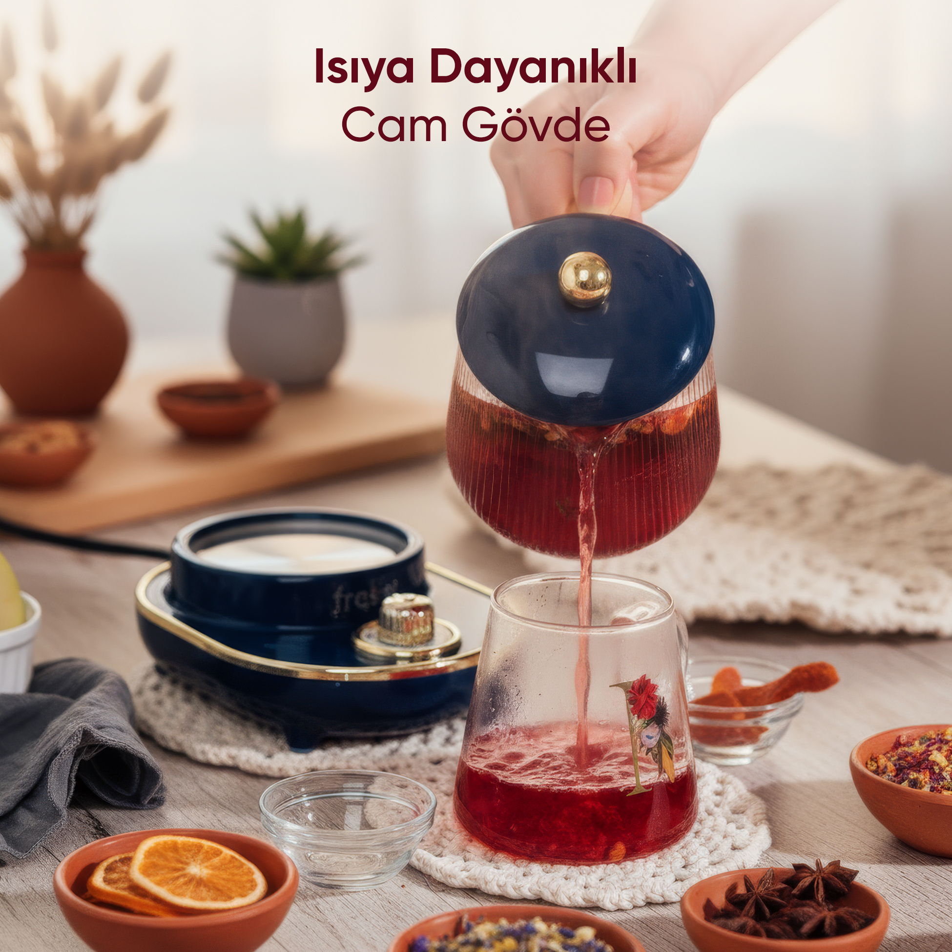 Kırmızımsı çay, mavi çaydanlıktan çiçek desenli bir bardağa dökülüyor.