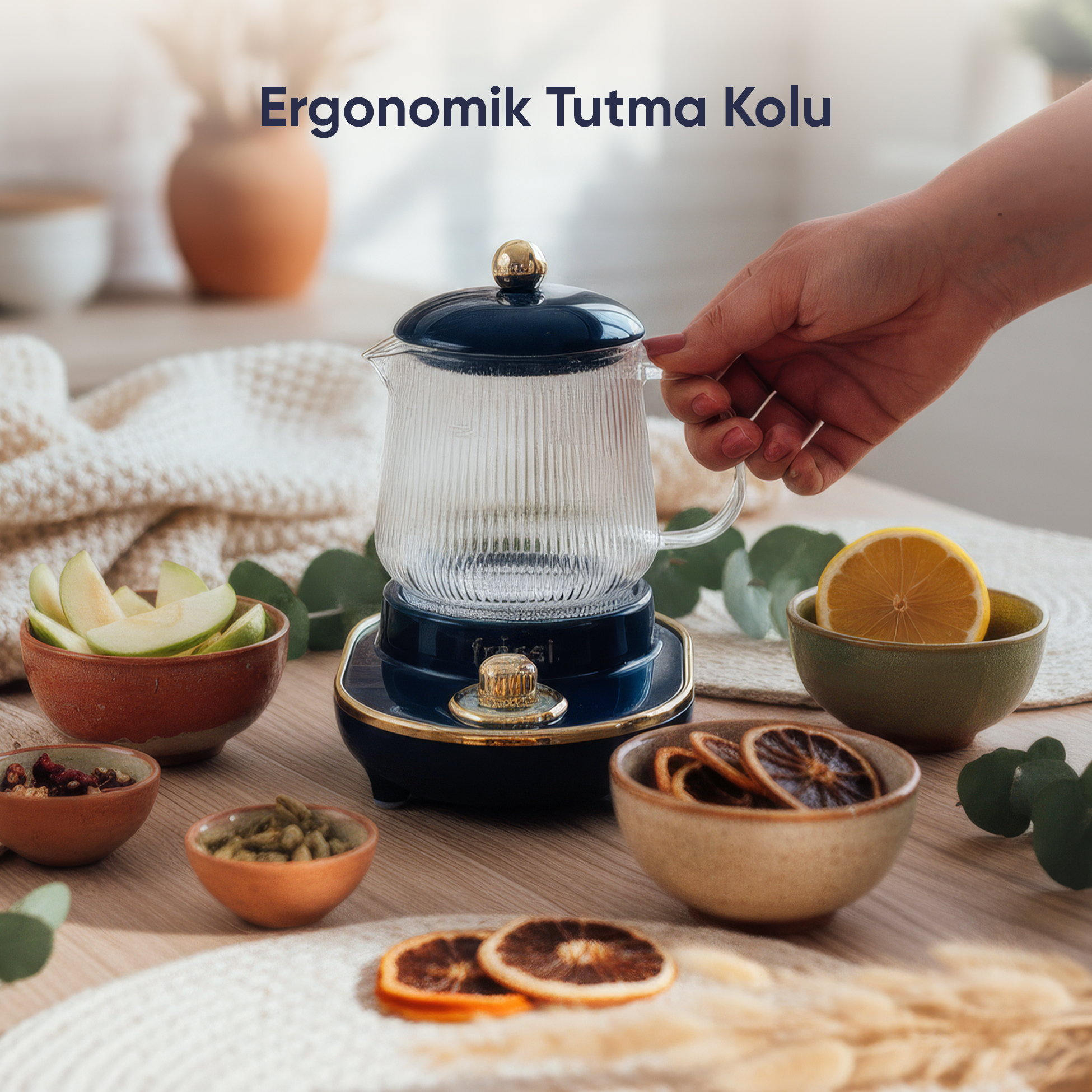 Bir kişi, meyve ve baharat kaseleriyle çevrili, elektrikli tabanındaki cam demliğe uzanıyor.