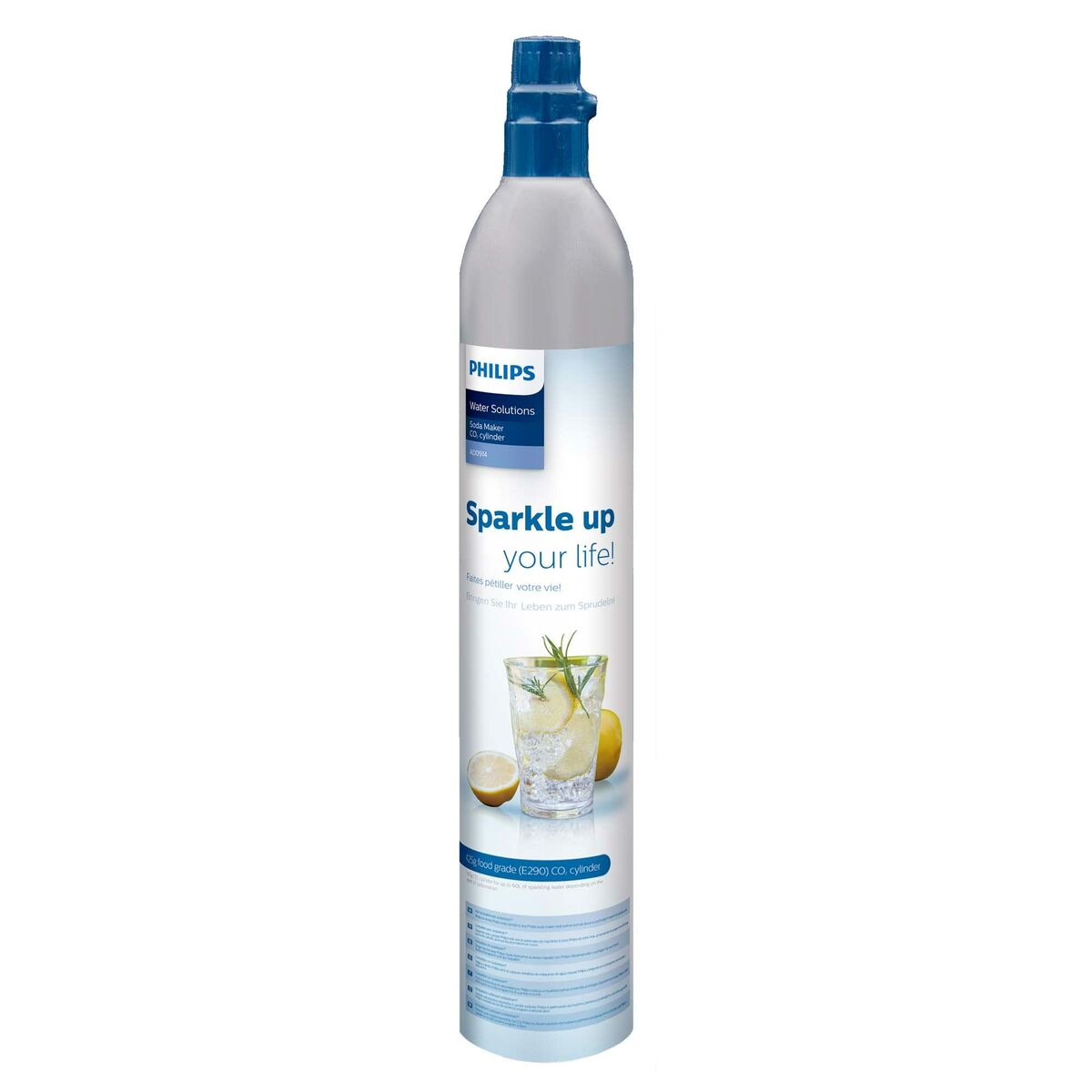 Cilindro CO2 bianco con tappo blu, logo Philips e immagine bevanda.