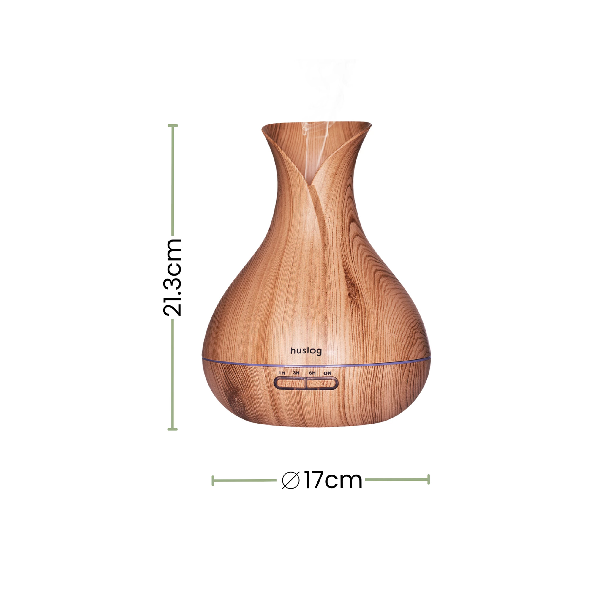 Drewniany dyfuzor o wysokości 21,3 cm i średnicy 17 cm.
