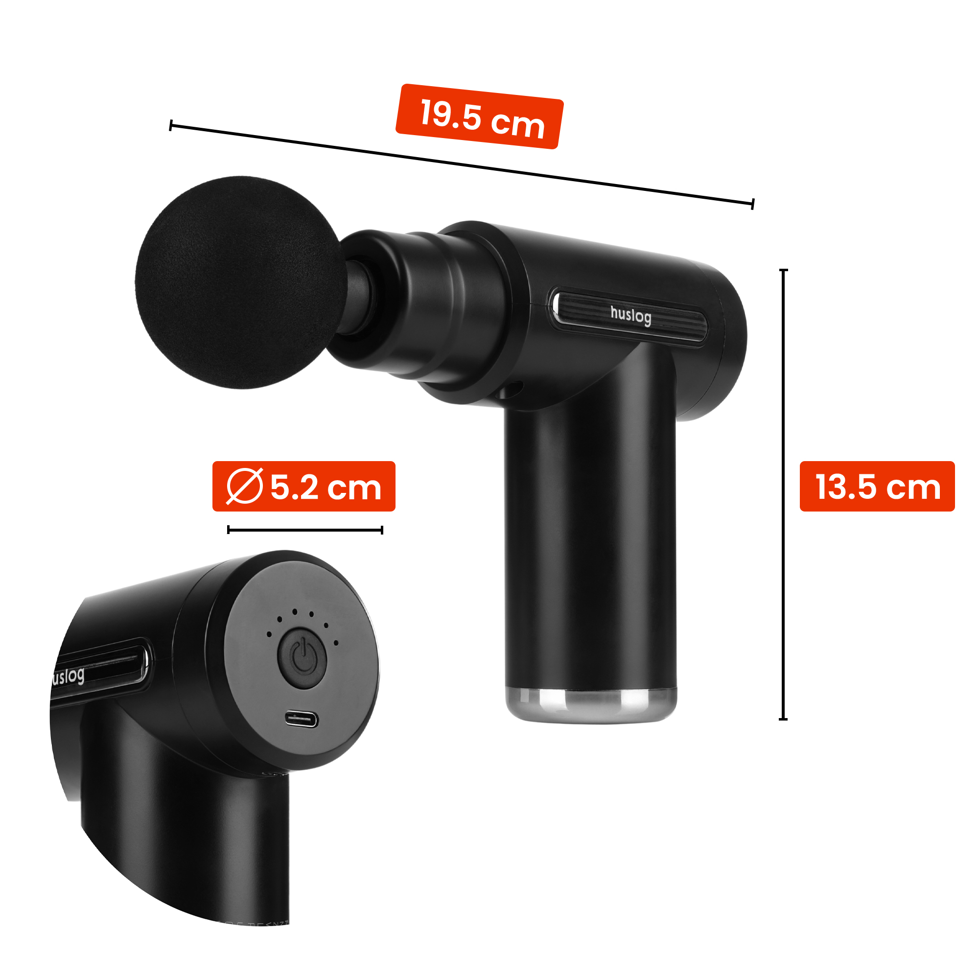 Czarny pistolet do masażu z zaokrągloną głowicą, wymiary 19,5 cm, 13,5 cm i 5,2 cm.