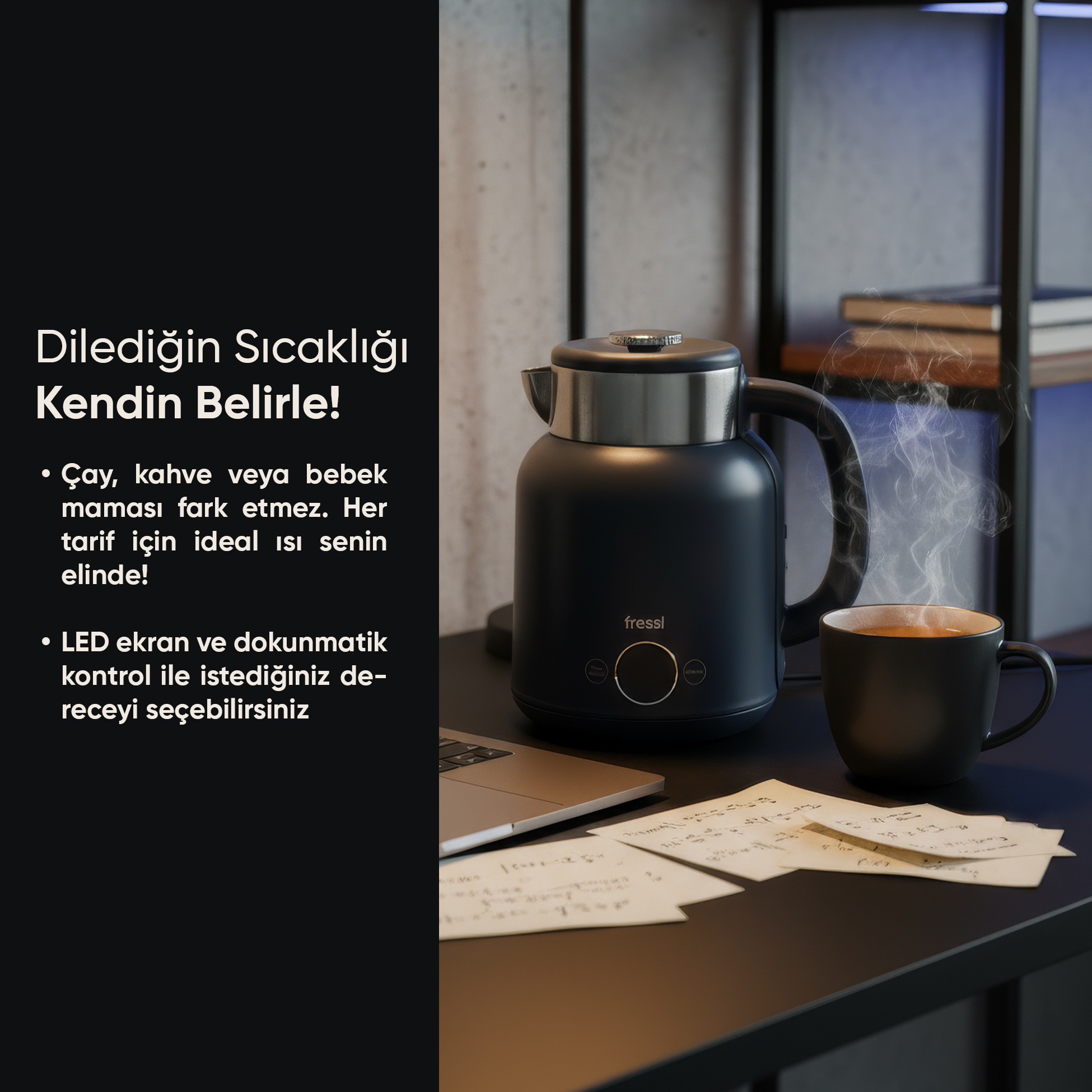 Gümüş kapaklı siyah kettle, masadaki buğulu bir fincan kahvenin yanında duruyor.