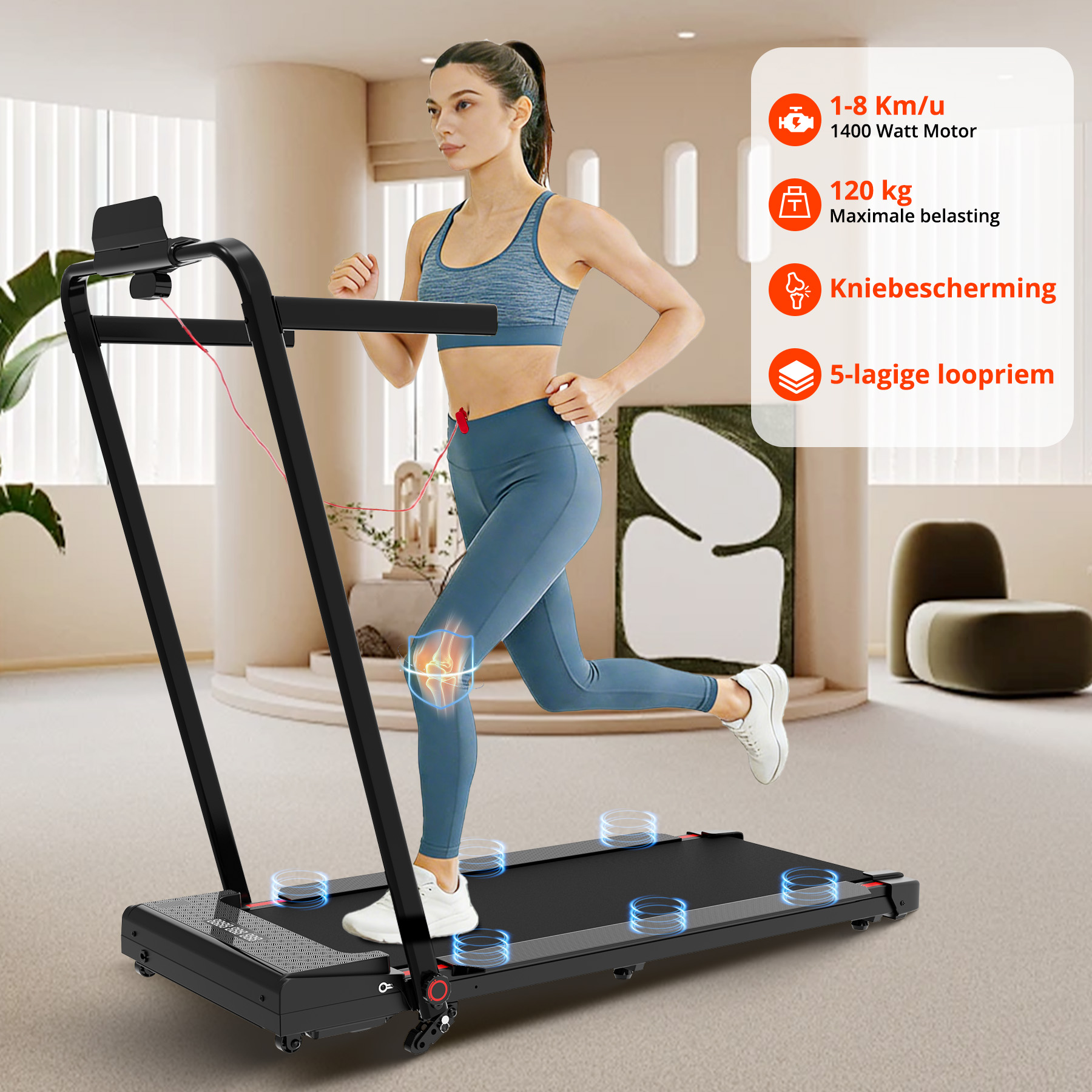 A woman runs on a treadmill with text '1-8 Km/u, 1400 Watt Motor'.