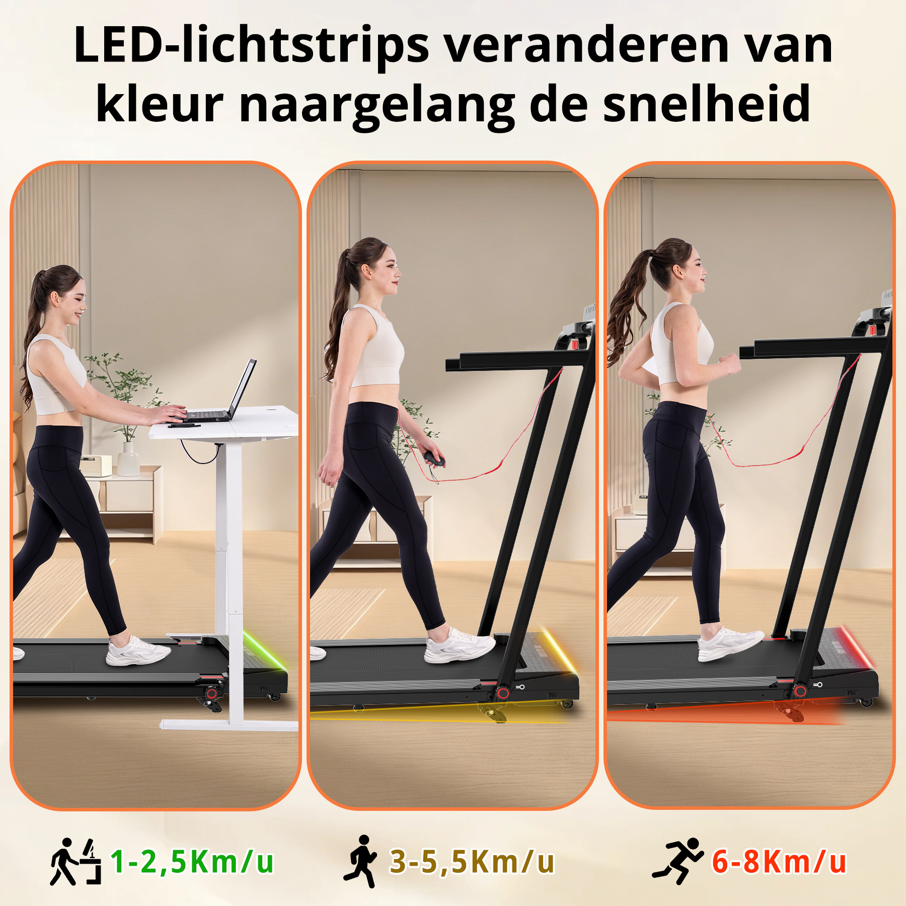 Women on treadmills at different speeds; LED strips change color.