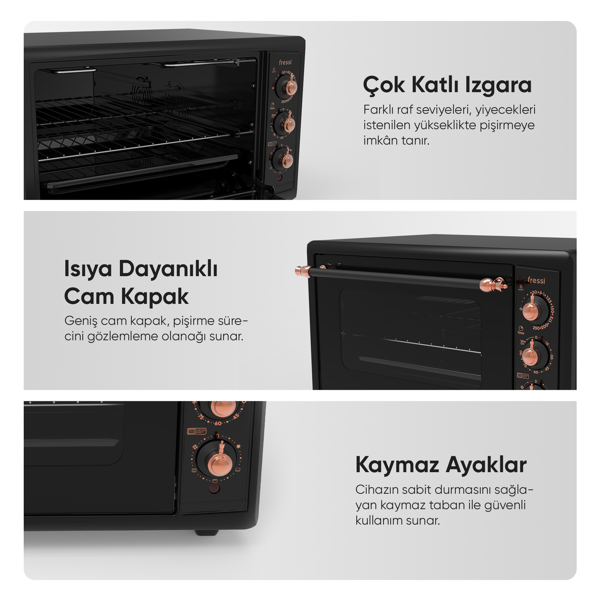 Cam kapaklı, üç kontrol düğmeli ve iç raflı siyah fırın.