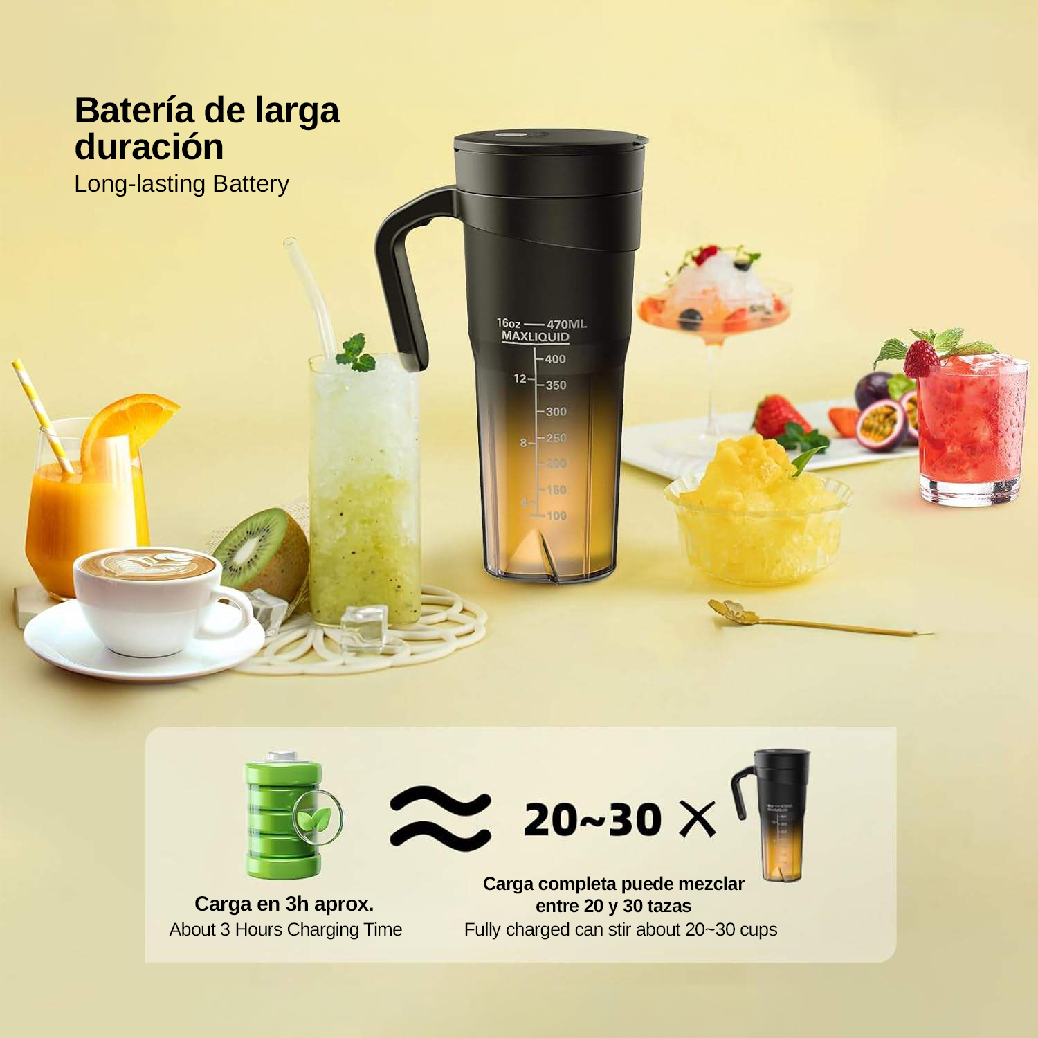 Una licuadora negra junto a bebidas y frutas coloridas. Información de carga abajo.