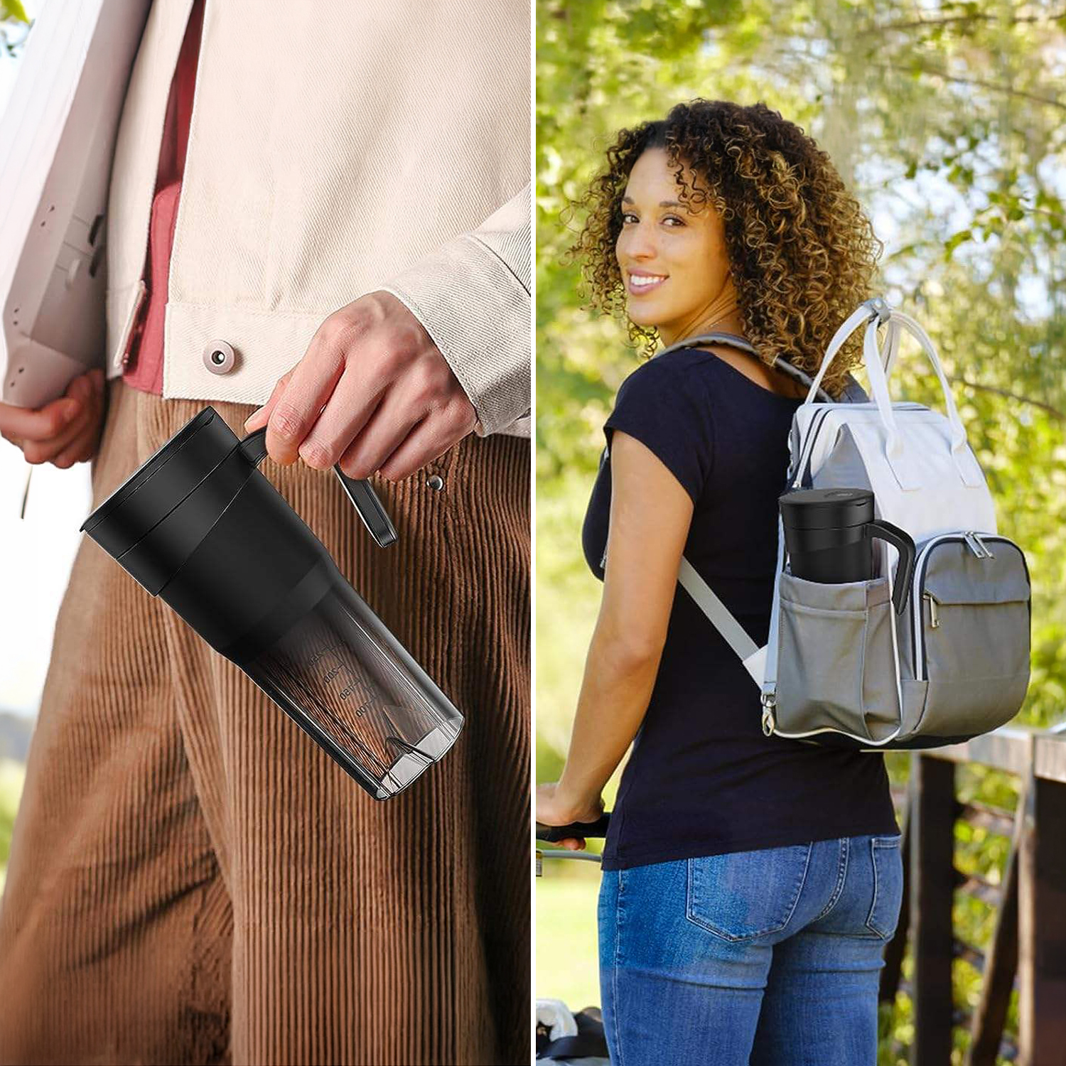 Persona sostiene vaso negro, mujer con mochila al aire libre.