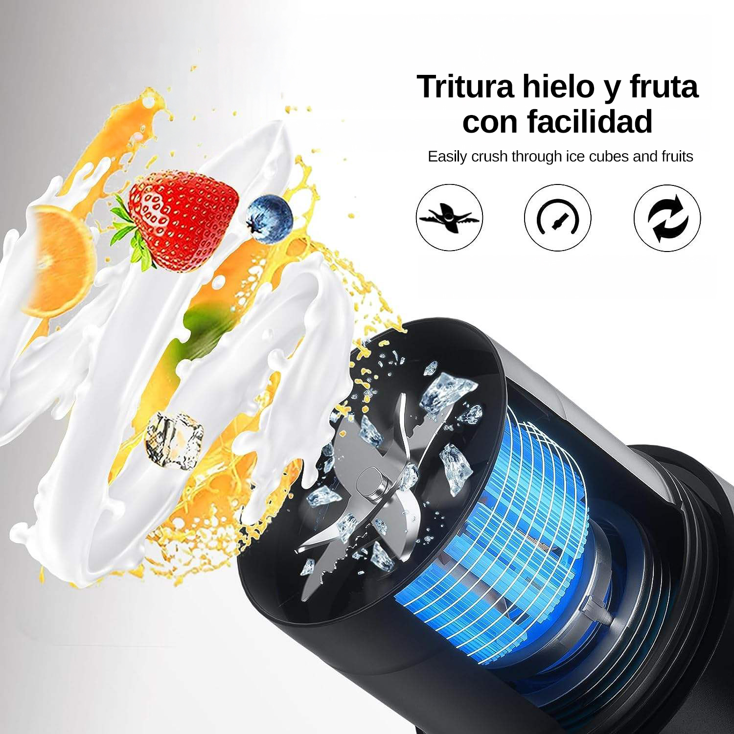 Una licuadora triturando frutas, hielo y líquido que giran hacia arriba.