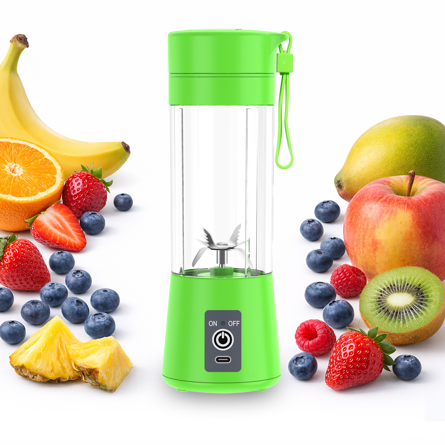 Batidora portátil verde rodeada de frutas frescas como fresas, arándanos, plátano, naranja, manzana, kiwi, piña y frambuesas.