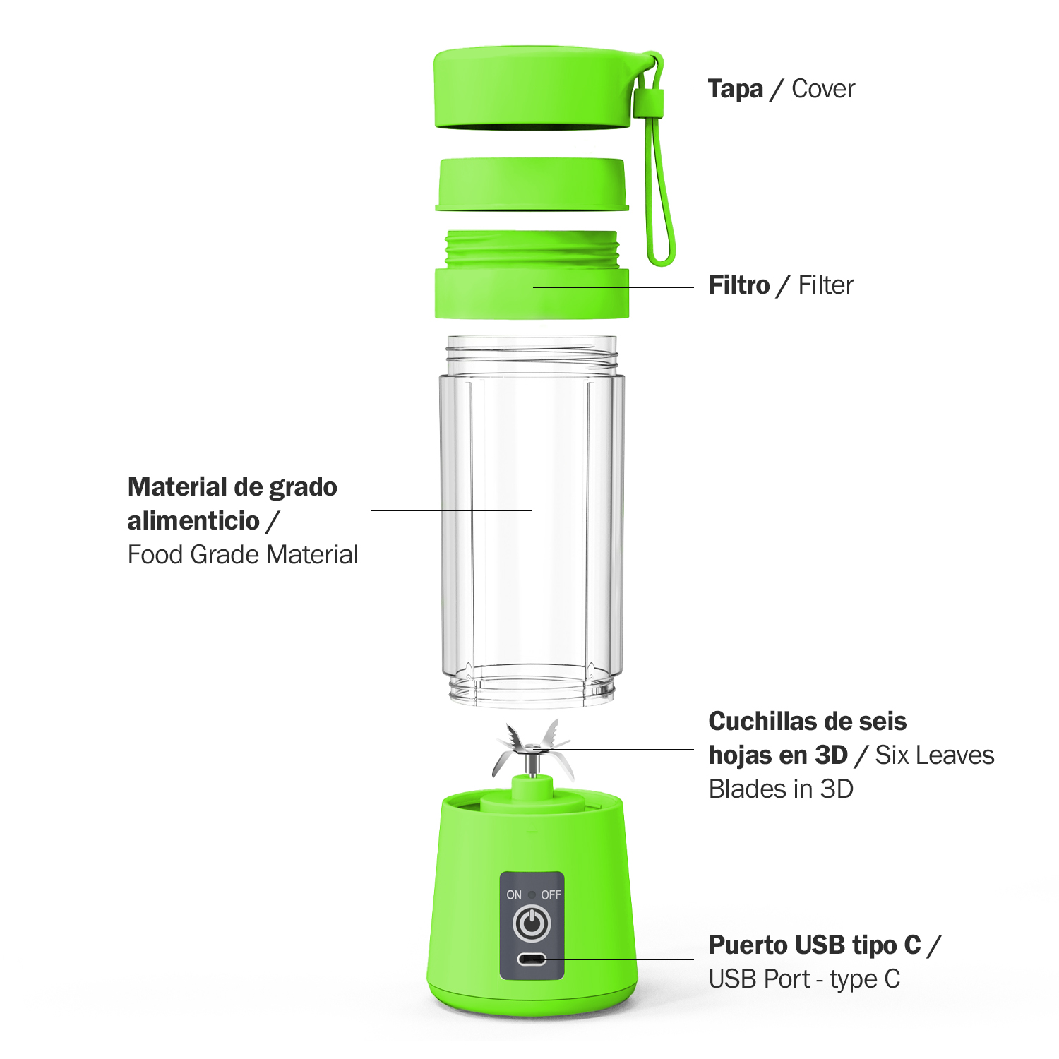 Licuadora portátil verde con vaso transparente, tapa, filtro y puerto USB-C.