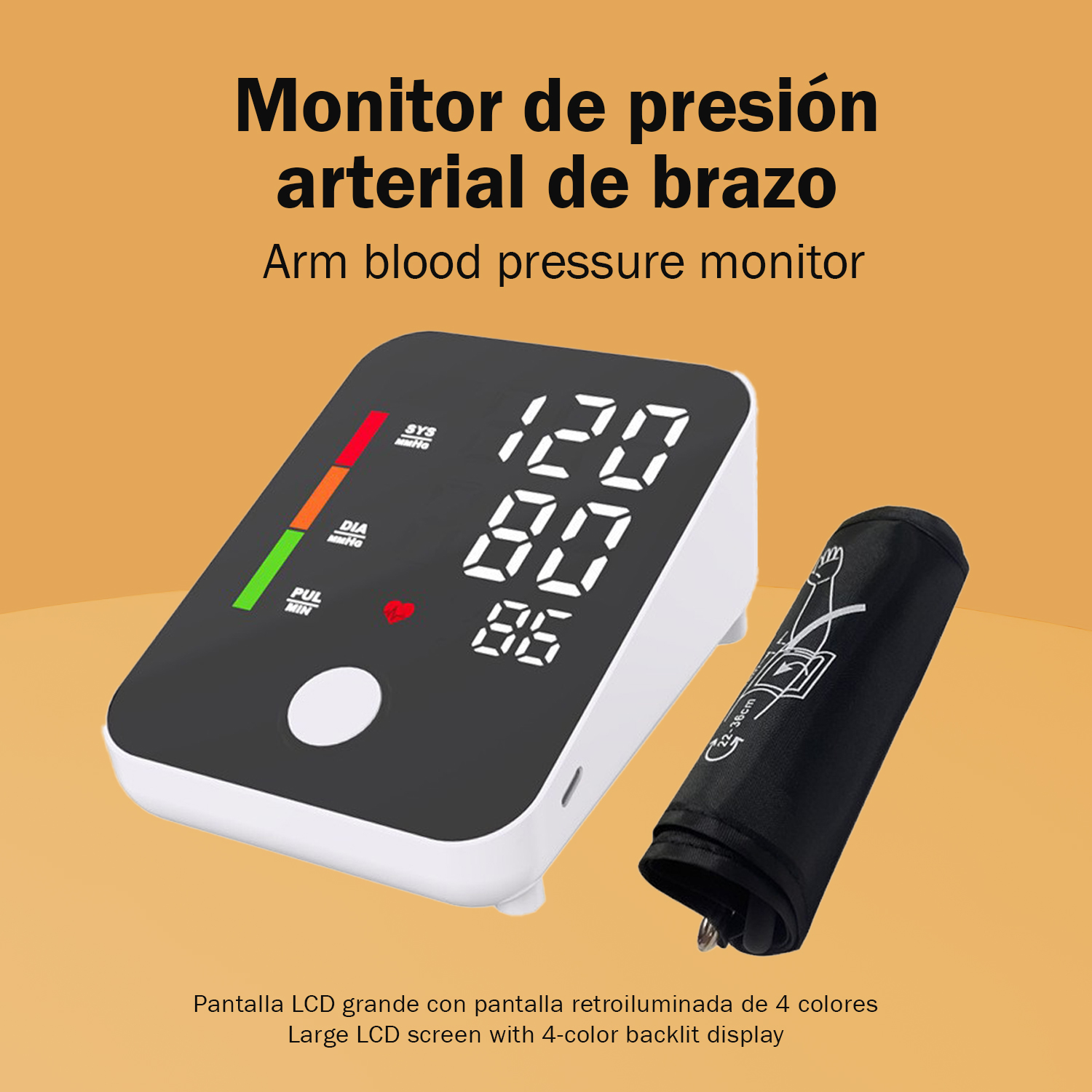 Un tensiómetro digital de brazo con manguito y pantalla iluminada.