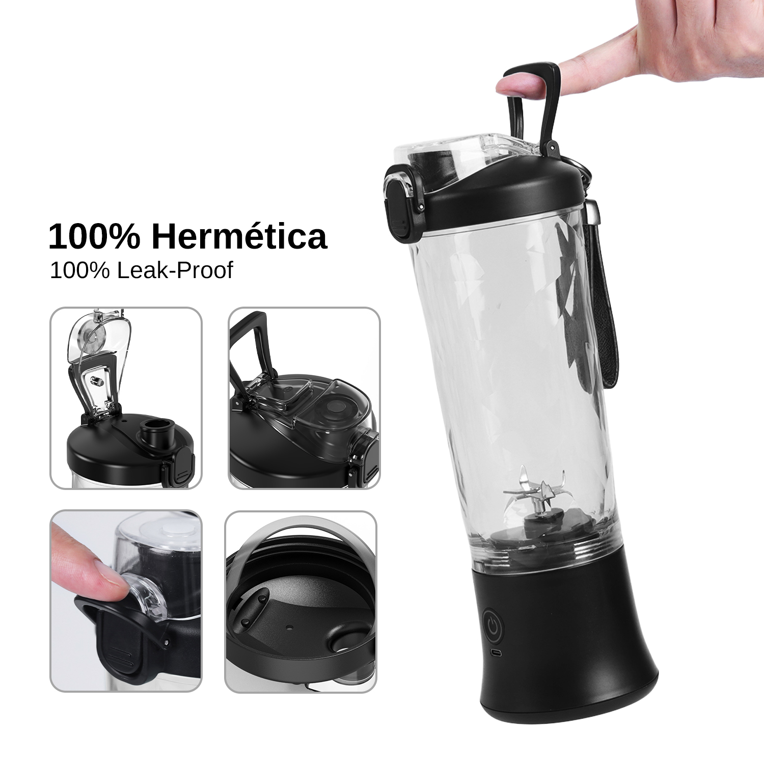 Una licuadora transparente con tapa y asa negras, sostenida por una mano.