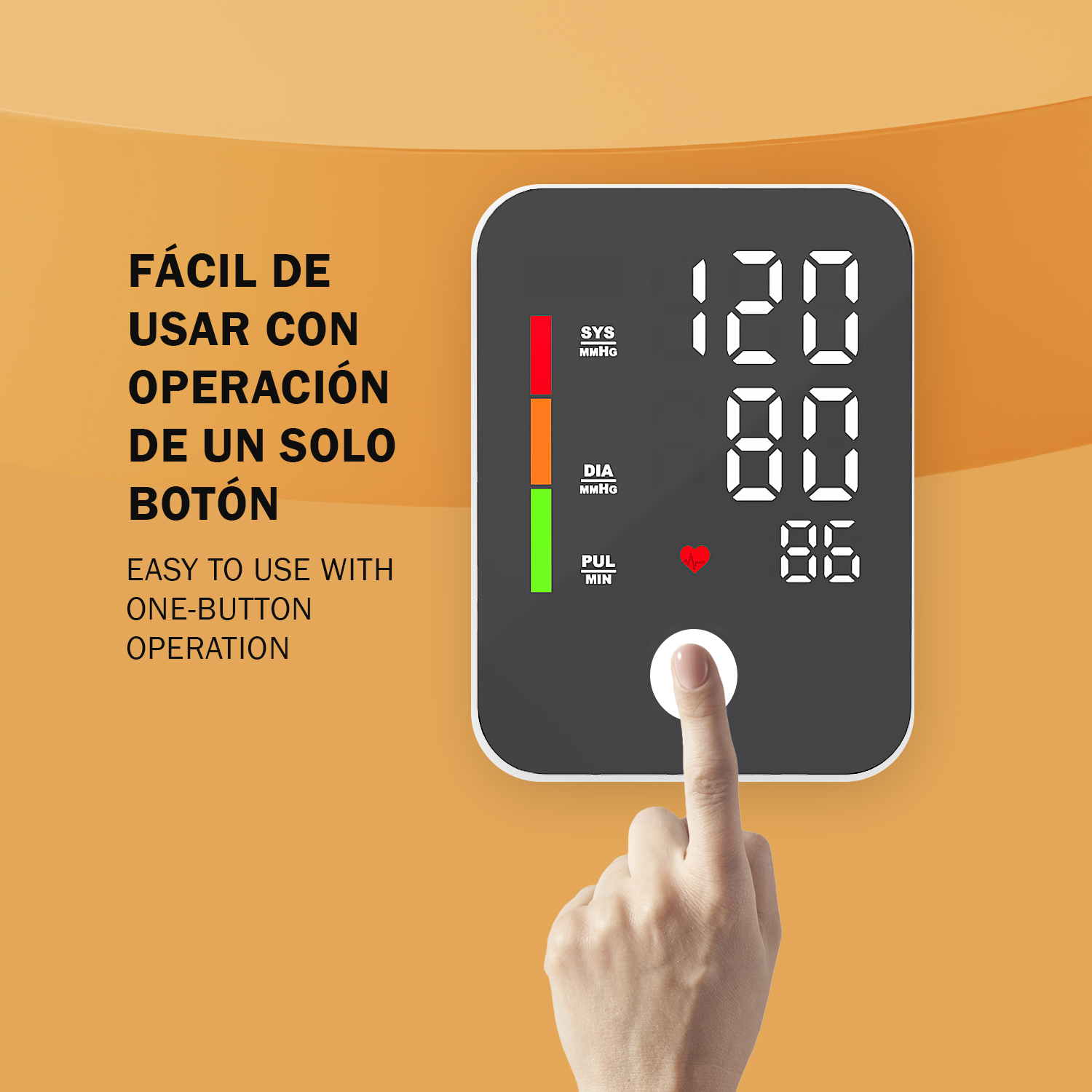Un dedo presiona el botón de un monitor digital de presión arterial. Muestra 120/80, pulso 86.