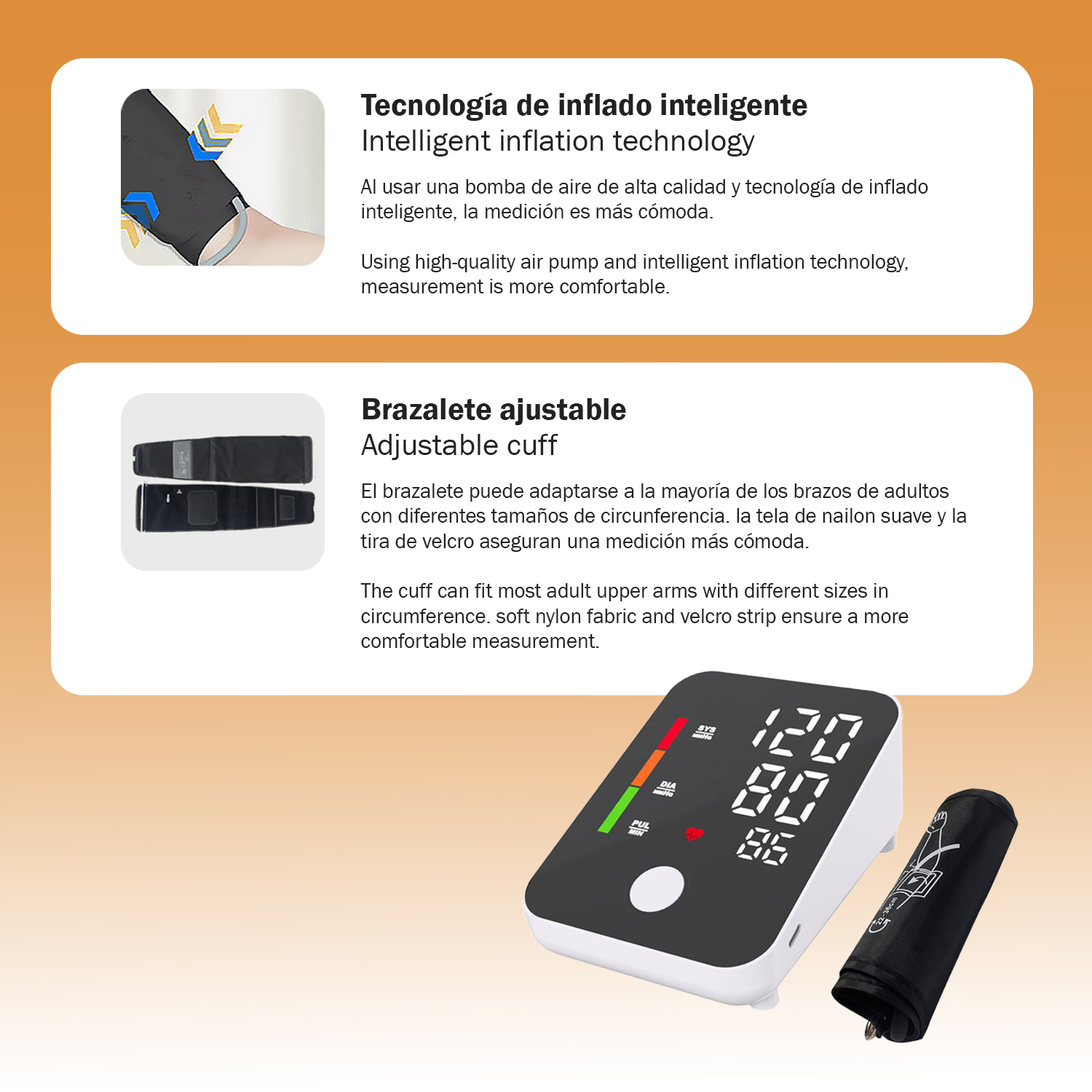 Un tensiómetro con brazalete, mostrando 120/80/86.