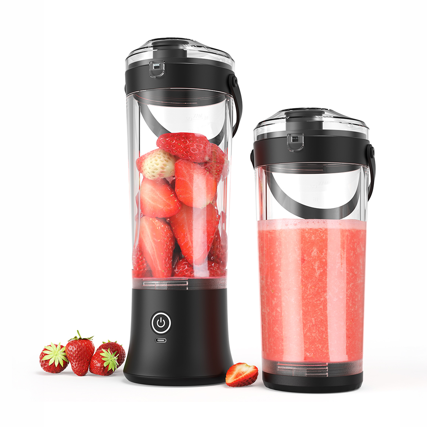Dos licuadoras portátiles: una con fresas, otra con batido. Fondo blanco.