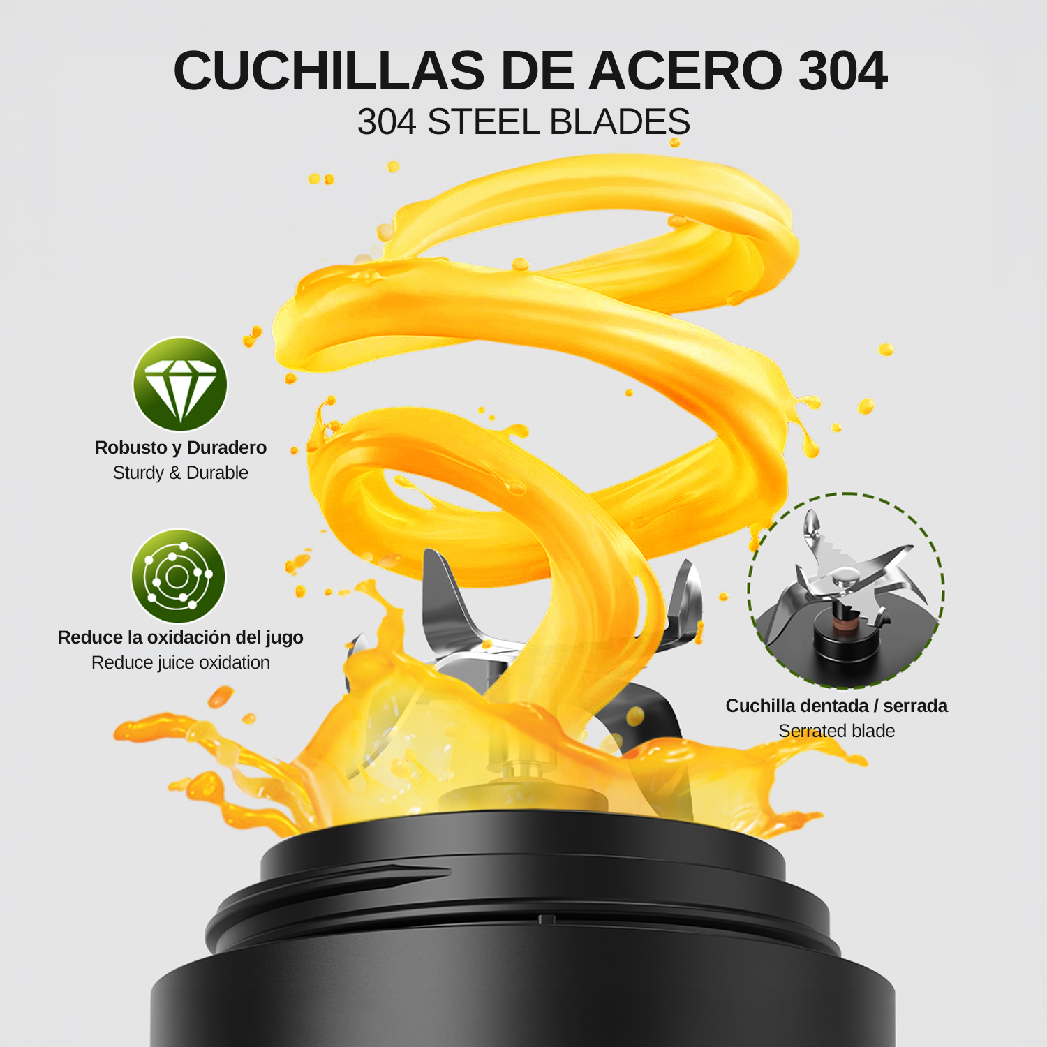 Cuchillas de acero 304 en licuadora con jugo salpicando. Robusto y Duradero.