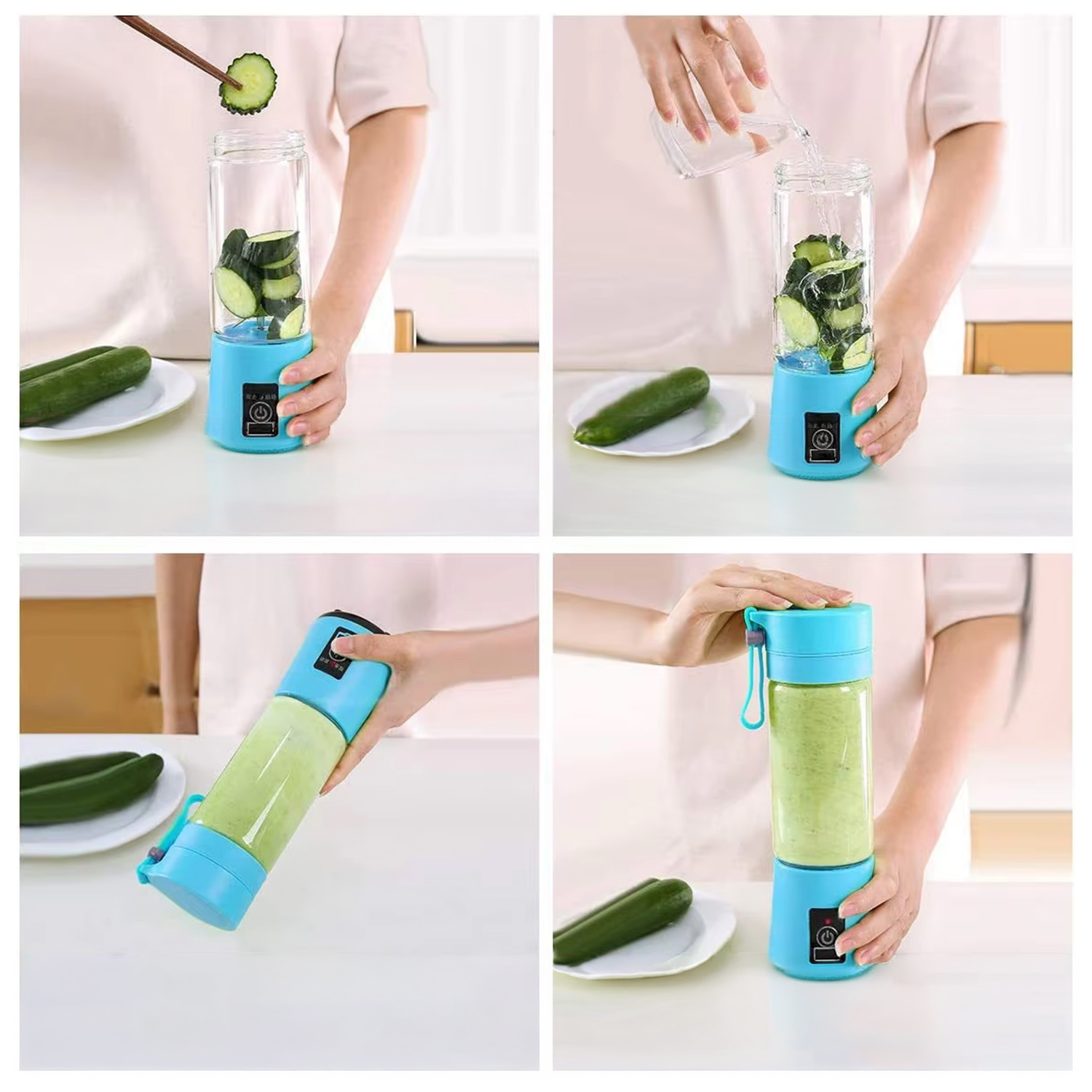 Una persona agrega rodajas de pepino a una licuadora portátil, agrega agua y mezcla un batido verde.