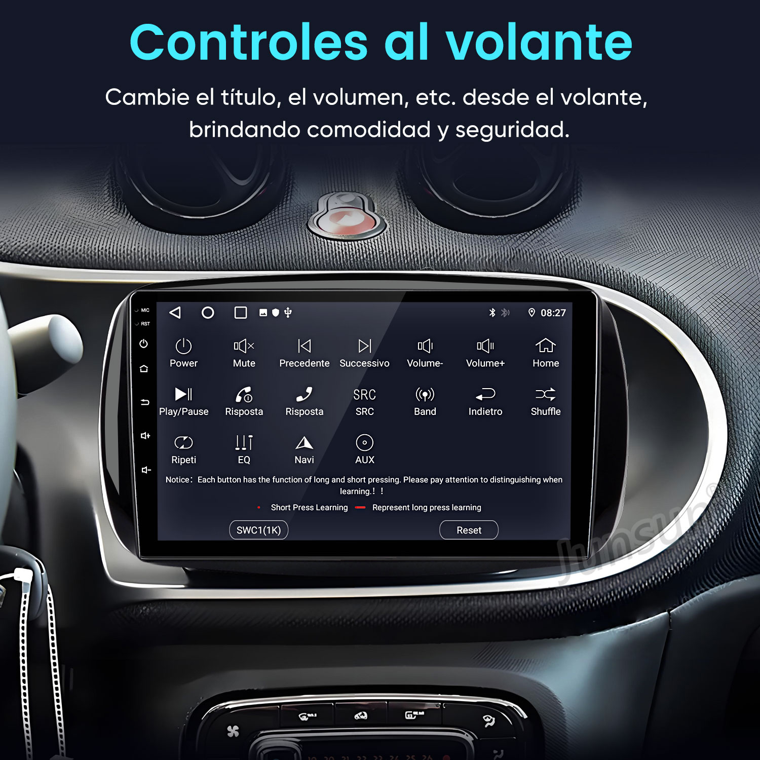 La pantalla táctil de un coche muestra opciones de control del volante y menú.