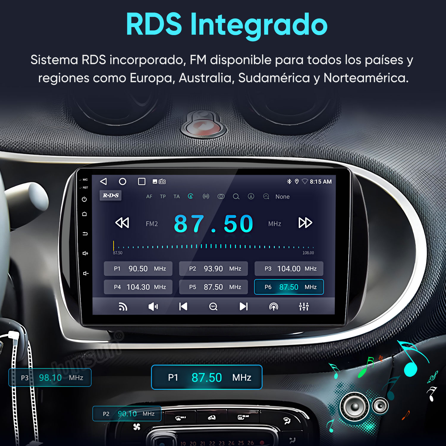 La pantalla de un autorradio muestra emisoras de radio FM con frecuencias y preselecciones.