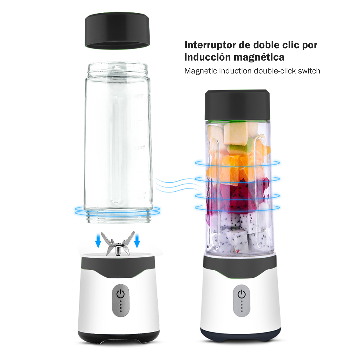 Una licuadora portátil con trozos de fruta y un recipiente vacío al lado.