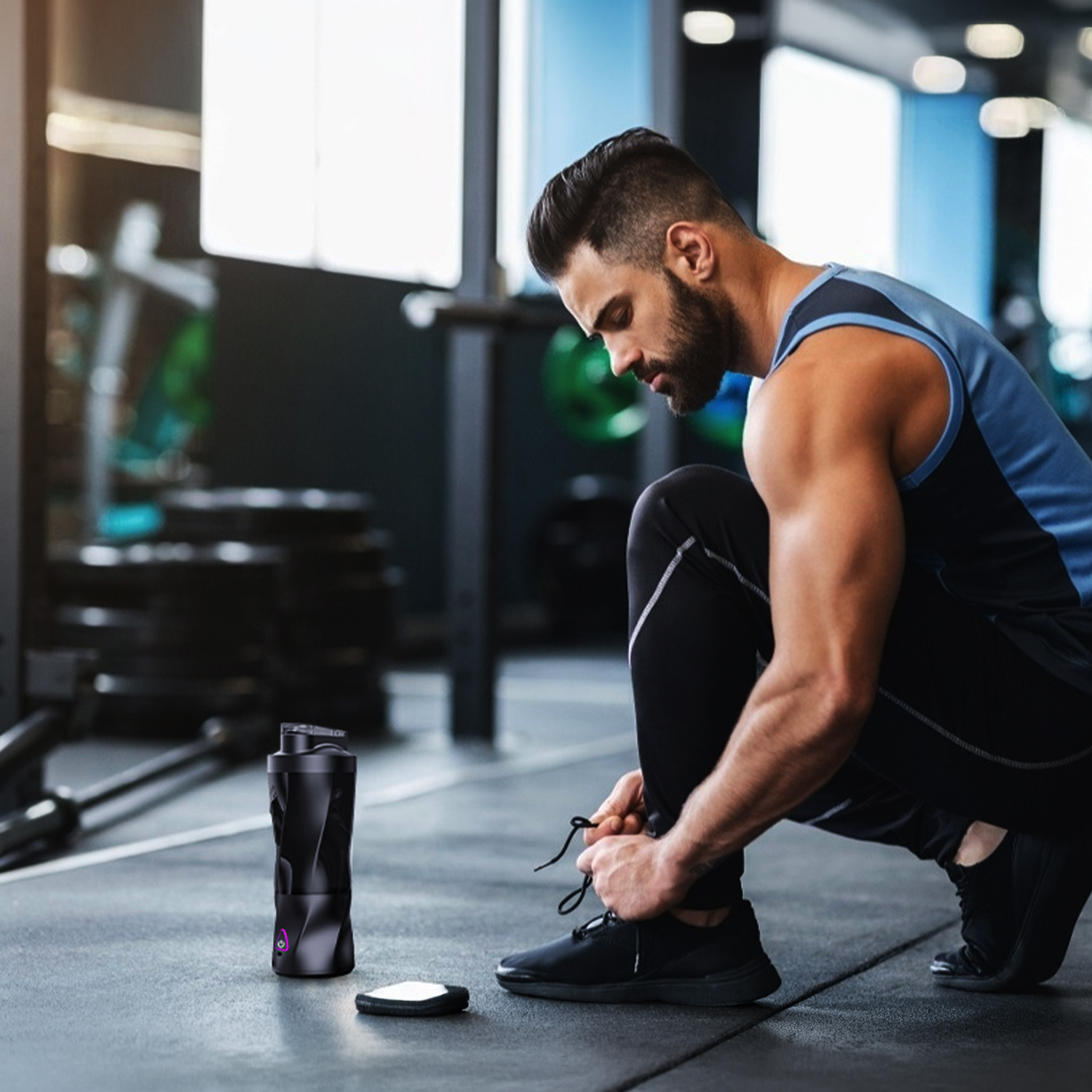 Hombre atándose los zapatos en el gimnasio, batidora negra cerca.