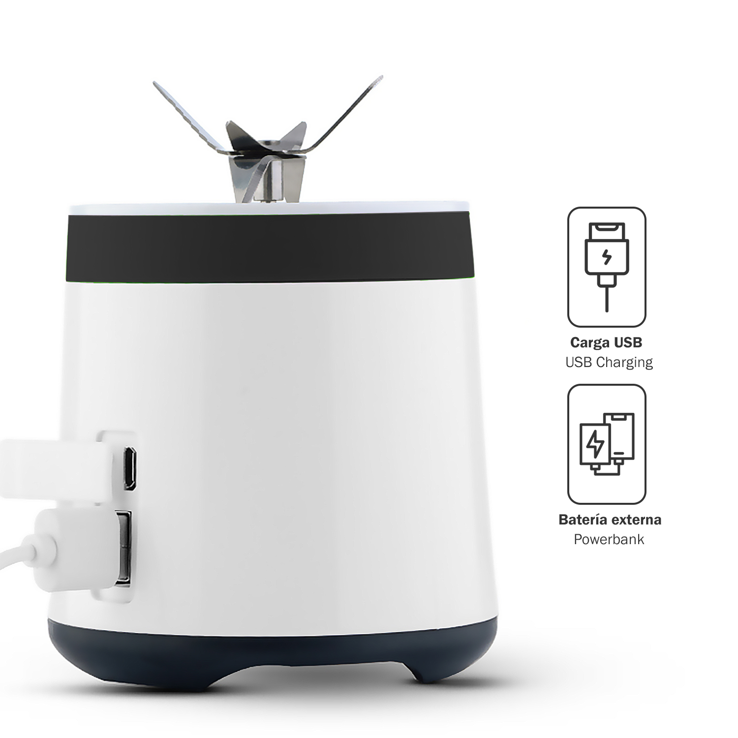 Licuadora blanca con puertos USB y cuchillas. Iconos muestran carga y power bank.