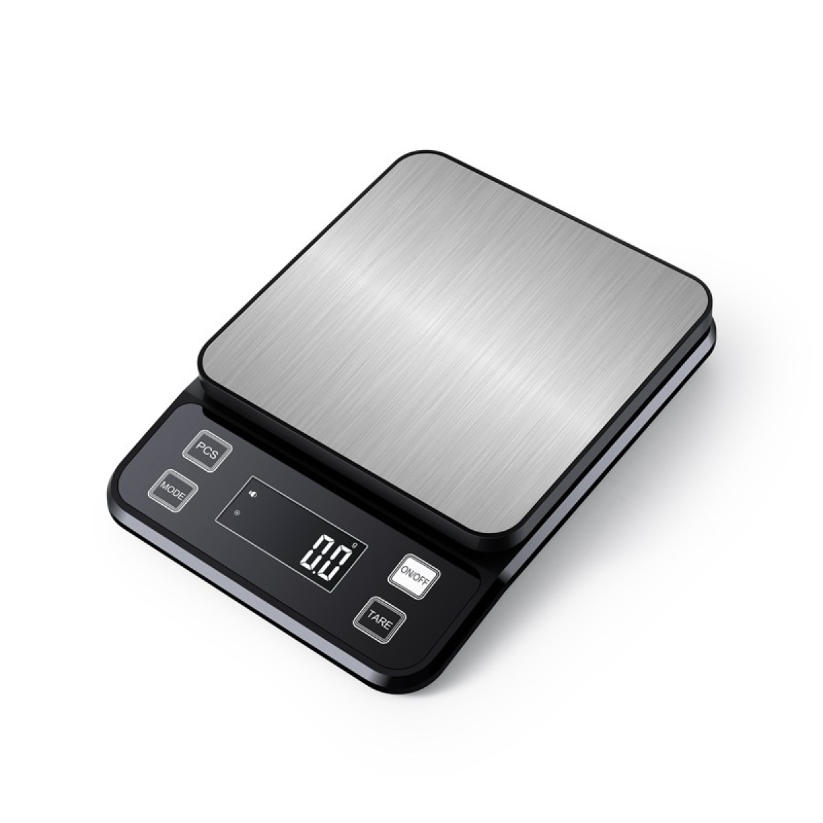 Cyfrowa waga kuchenna z srebrną metalową powierzchnią i czarną podstawą.