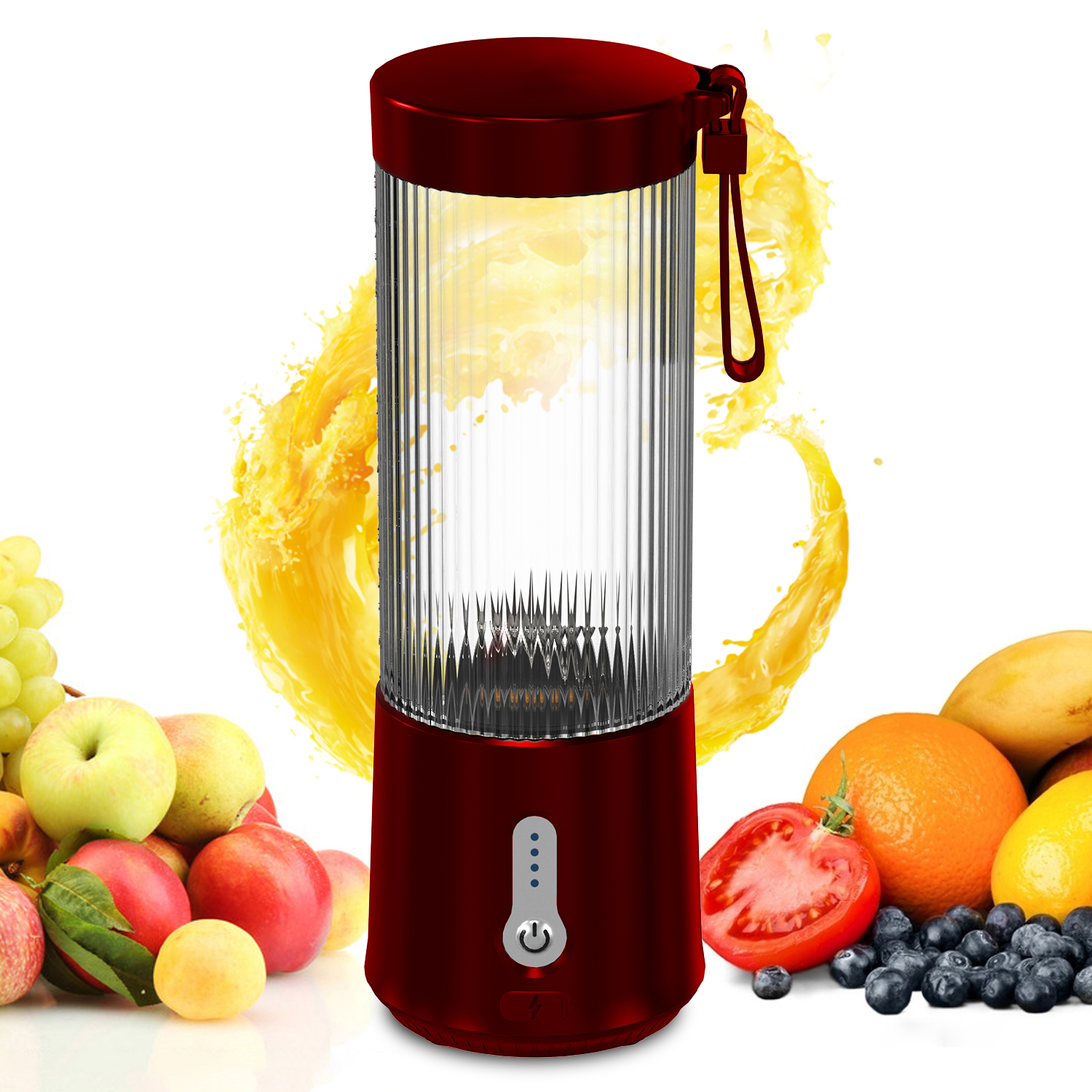 Una licuadora roja rodeada de frutas y salpicaduras de jugo.
