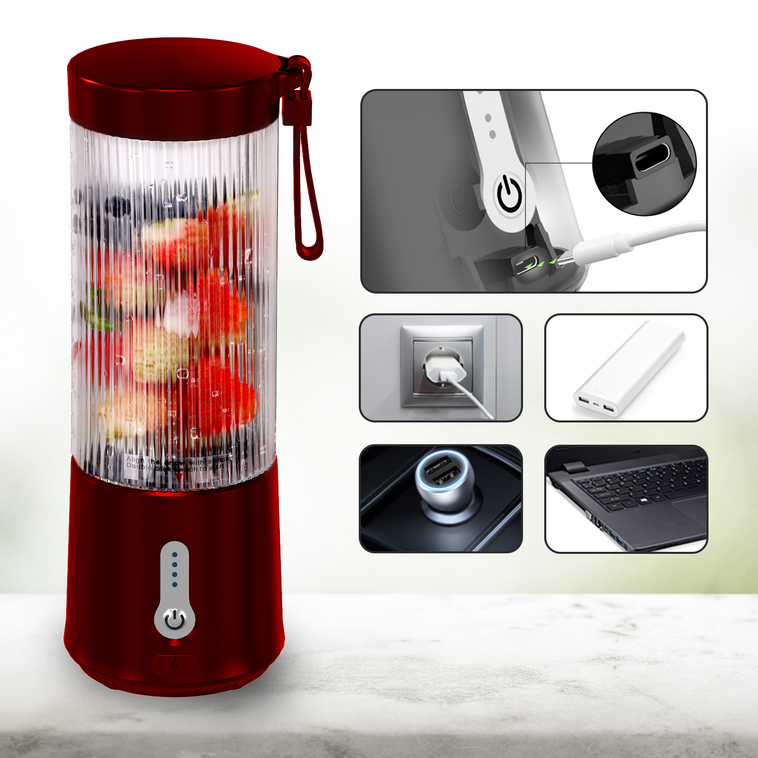 Batidora roja portátil con frutas, mostrada con opciones de carga: pared, banco de energía, coche.