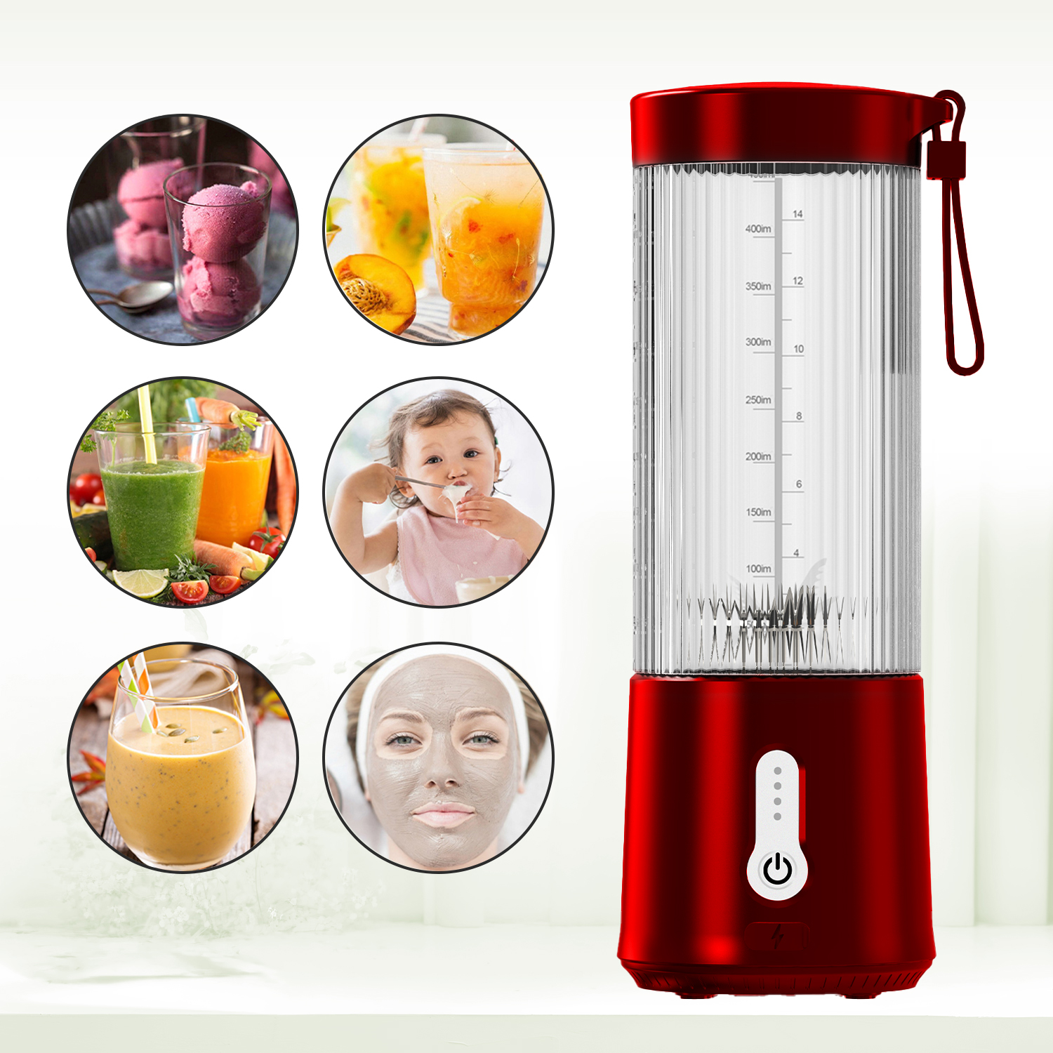 Batidora roja con cinco imágenes circulares de helado, bebidas, batido y mascarilla.