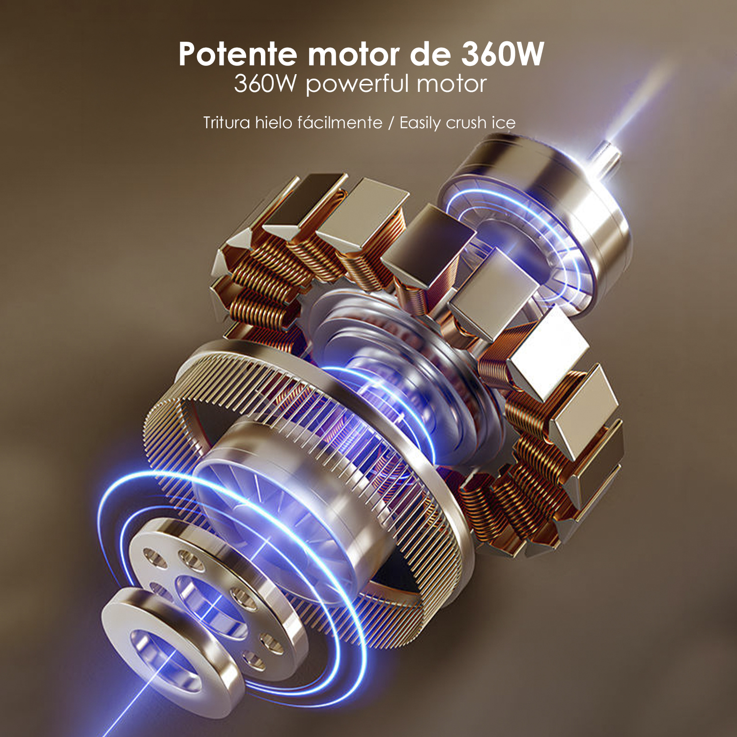 Motor de 360W con bobinados de cobre y ventilador, rodeado de luces azules.