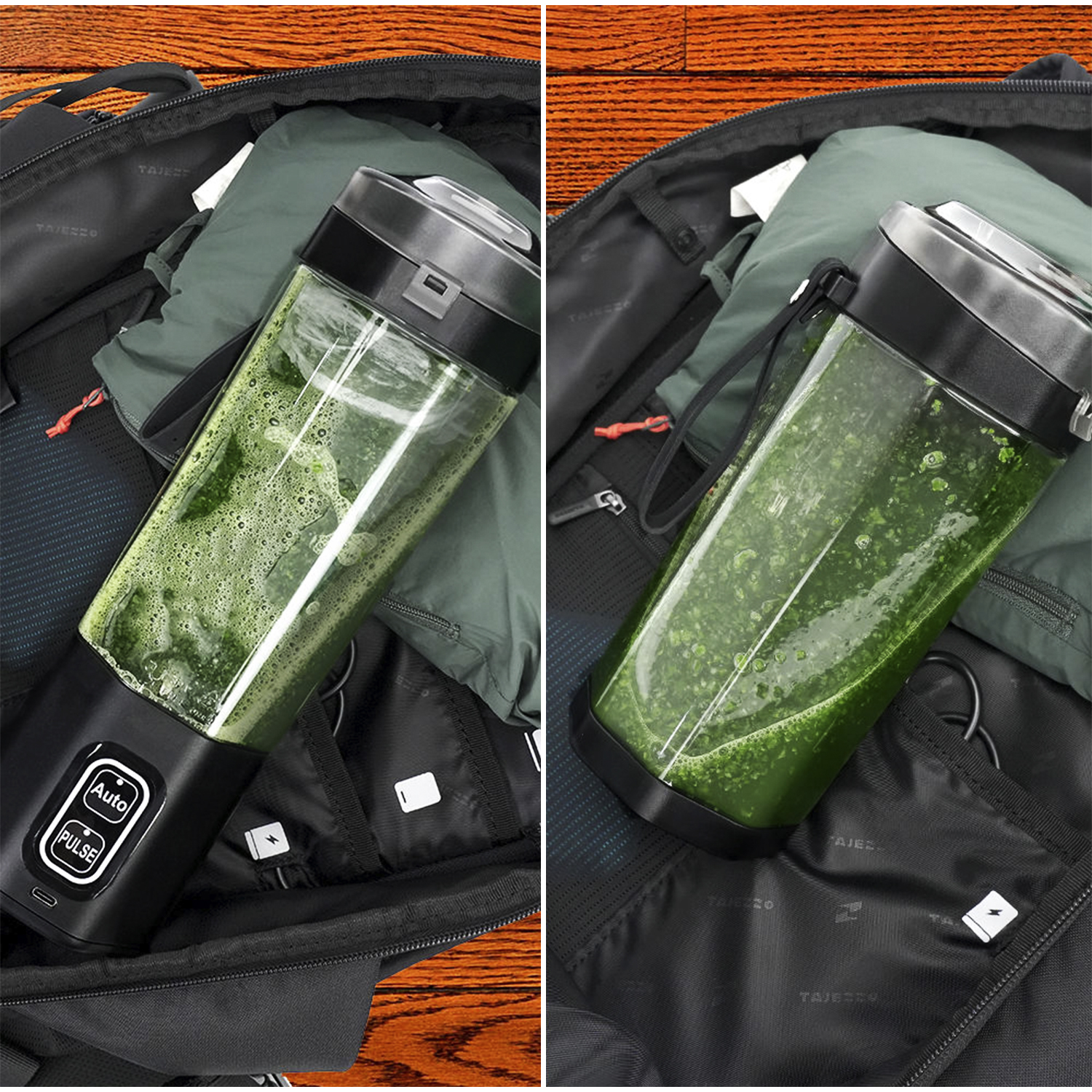 Una licuadora portátil con batido verde dentro de una bolsa junto a ropa.