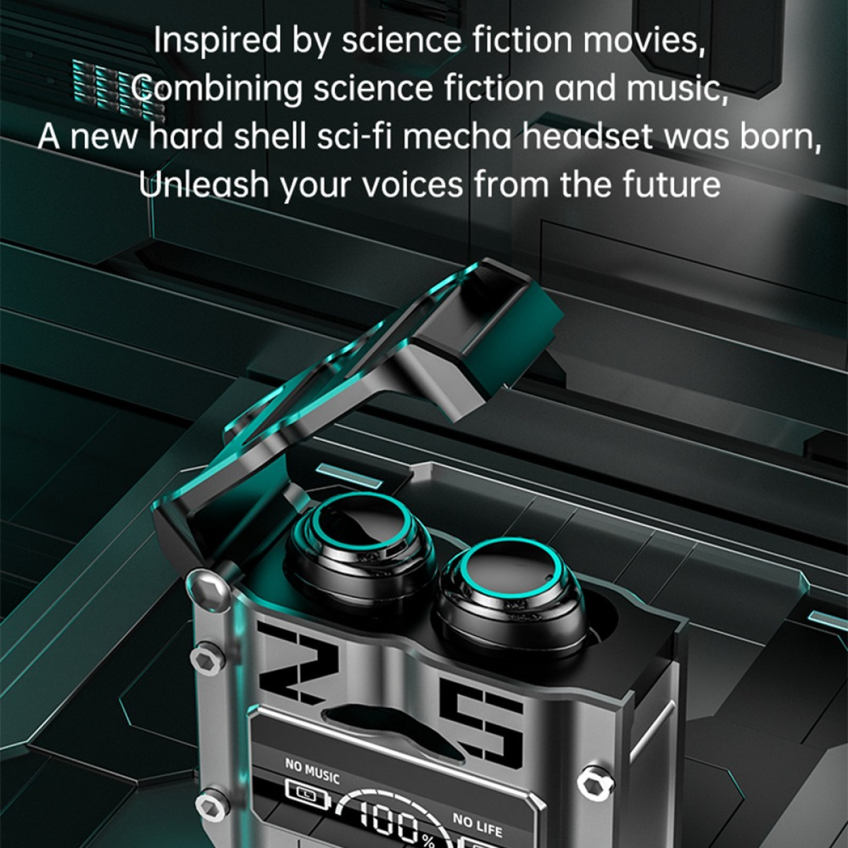 Czarny headset sci-fi z niebieskimi akcentami i wyświetlaczem cyfrowym.