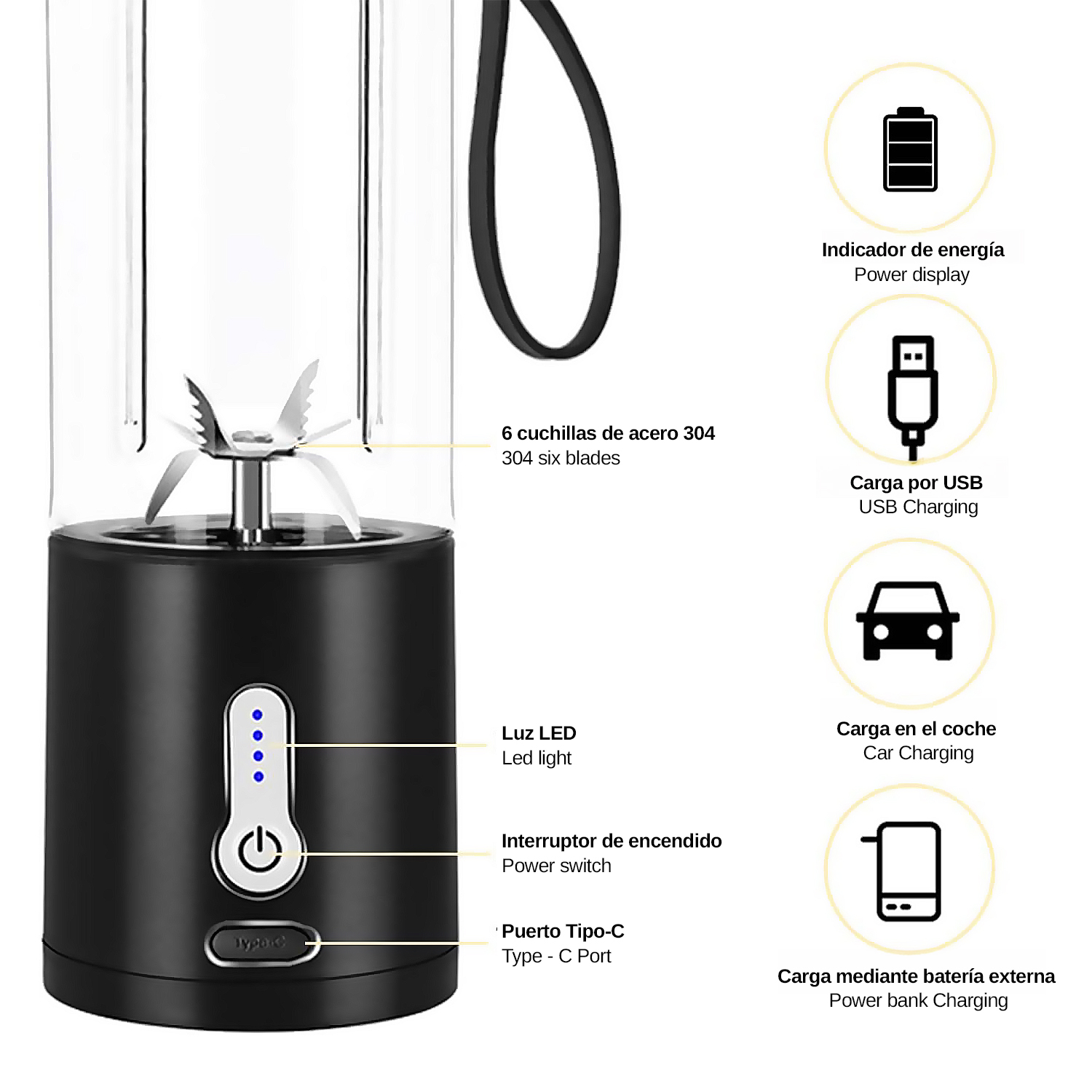 Batidora negra con seis cuchillas, luz LED, USB-C y pantalla de energía.