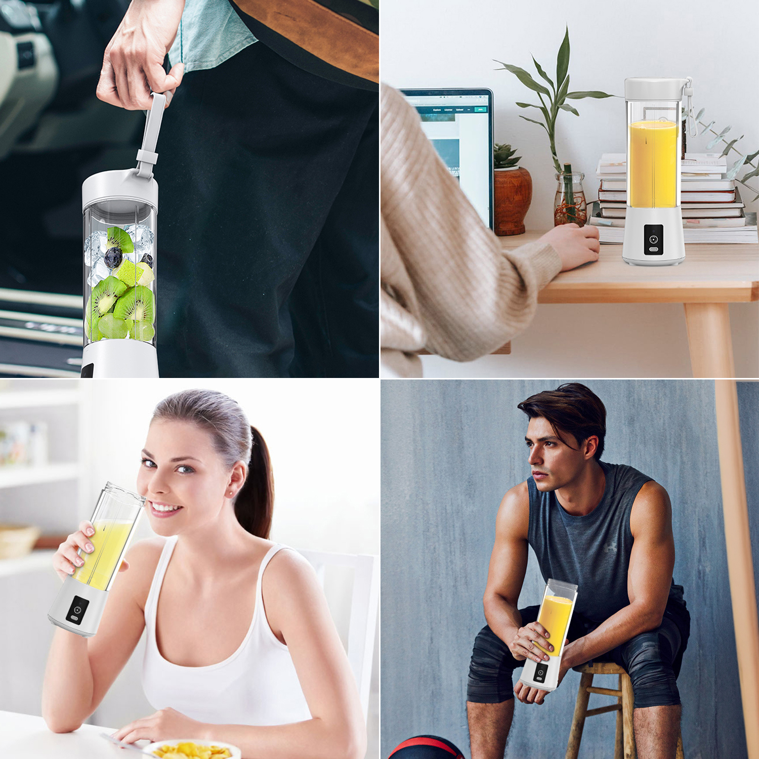 Persona prepara batido, lo bebe y lo sostiene después del entrenamiento.