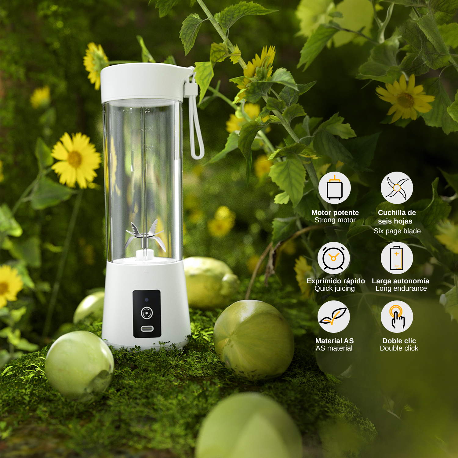 Una licuadora blanca con recipiente transparente sobre musgo, rodeada de frutas verdes y flores amarillas.