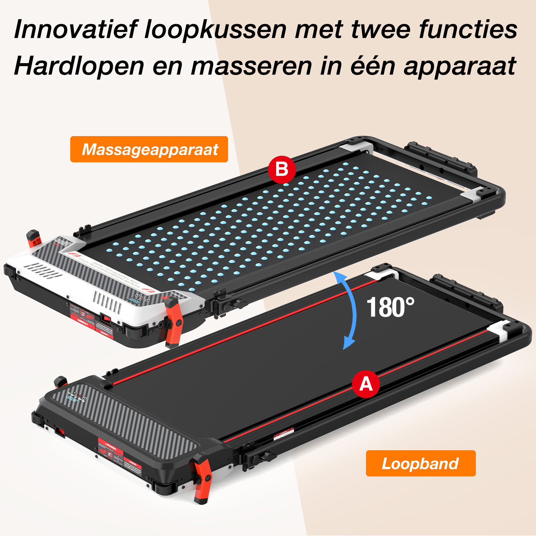 A treadmill with two modes: running or massaging. Features blue dots and angle indicator.