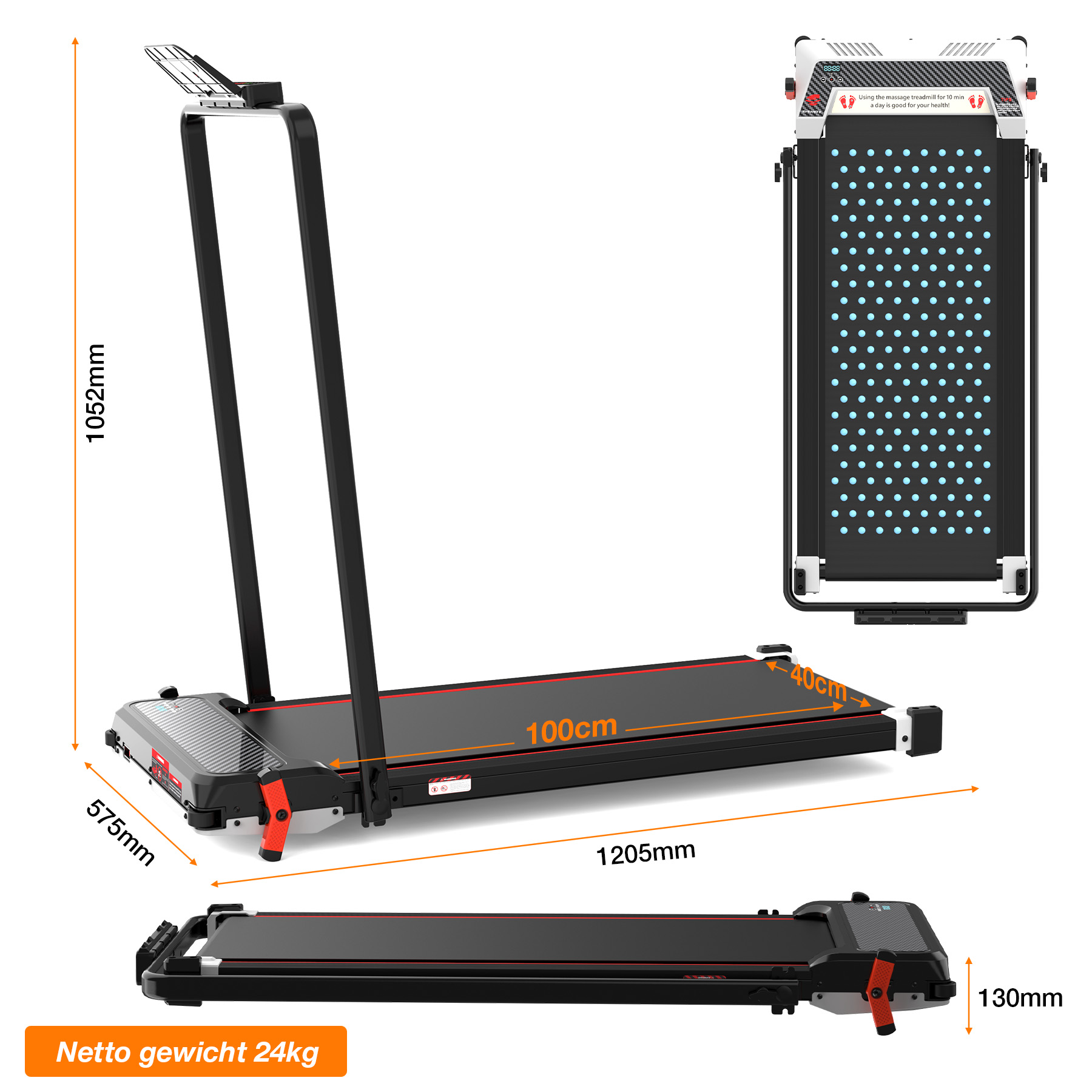 A black treadmill with red accents, dimensions are indicated.