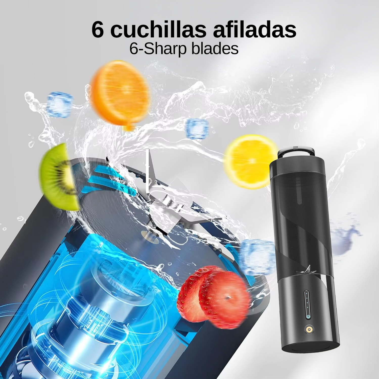 Batidora portátil negra con frutas, hielo y agua salpicando sobre fondo claro.