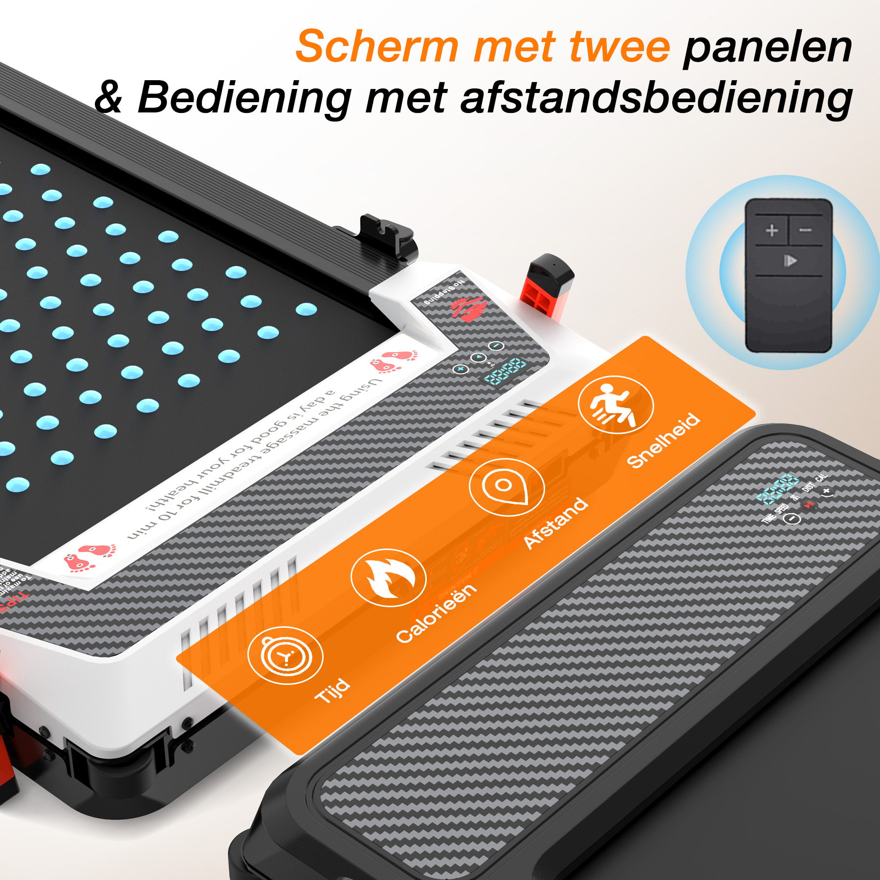 Treadmill with two screens and remote control. Shows time, calories, distance, speed.