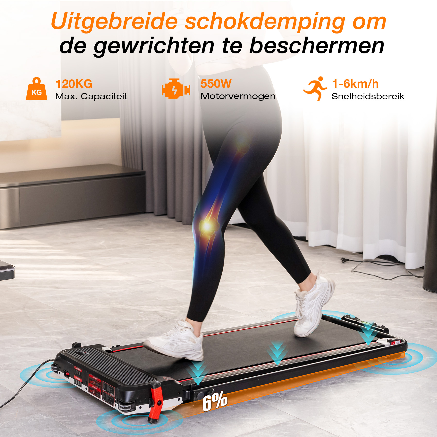 A person runs on a treadmill showing 120kg capacity, 550W power, and 6% incline.