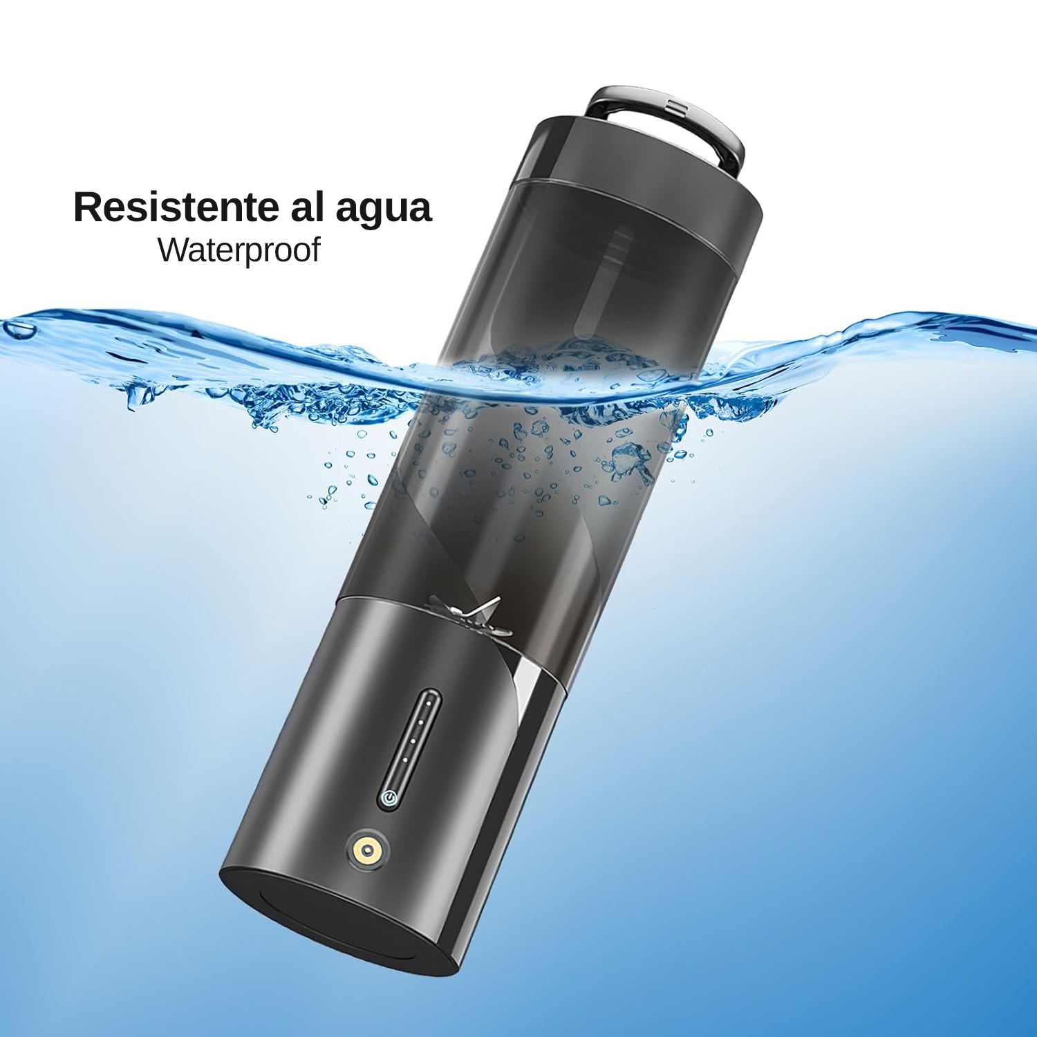 Licuadora negra y transparente sumergida en agua, con texto.